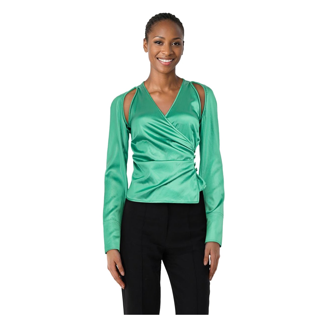 NANUSHKA Top asymétrique à manches longues en satin vert taille XS en vente