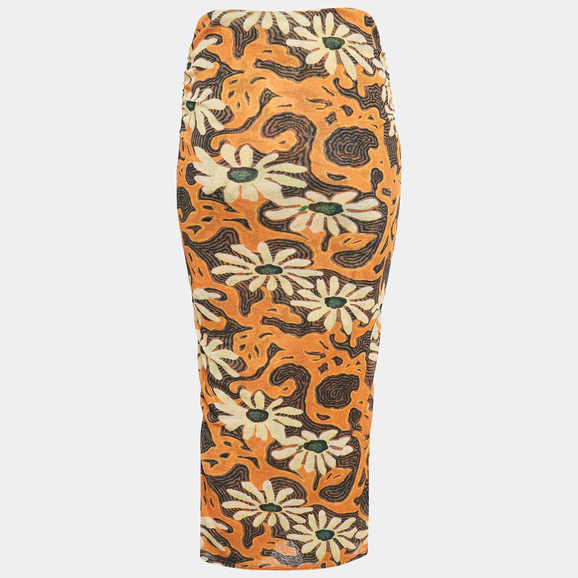 Nanushka Orange Arte Povera Floral Print Mesh Jersey Midi Skirt S In New Condition For Sale In Dubai, Al Qouz 2