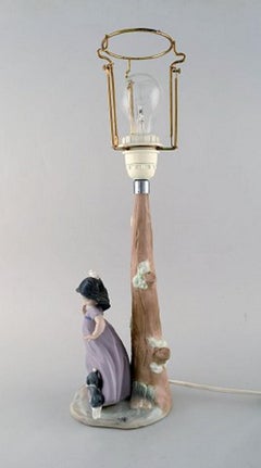 Nao, Spain, Glazed Porcelain Lamp, Little Girl with Dog, Dated 1987