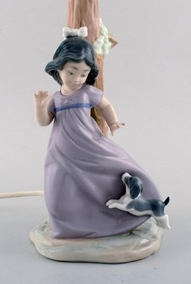Nao, Spain, Glazed Porcelain Lamp, Little Girl with Dog, Dated 1987 at