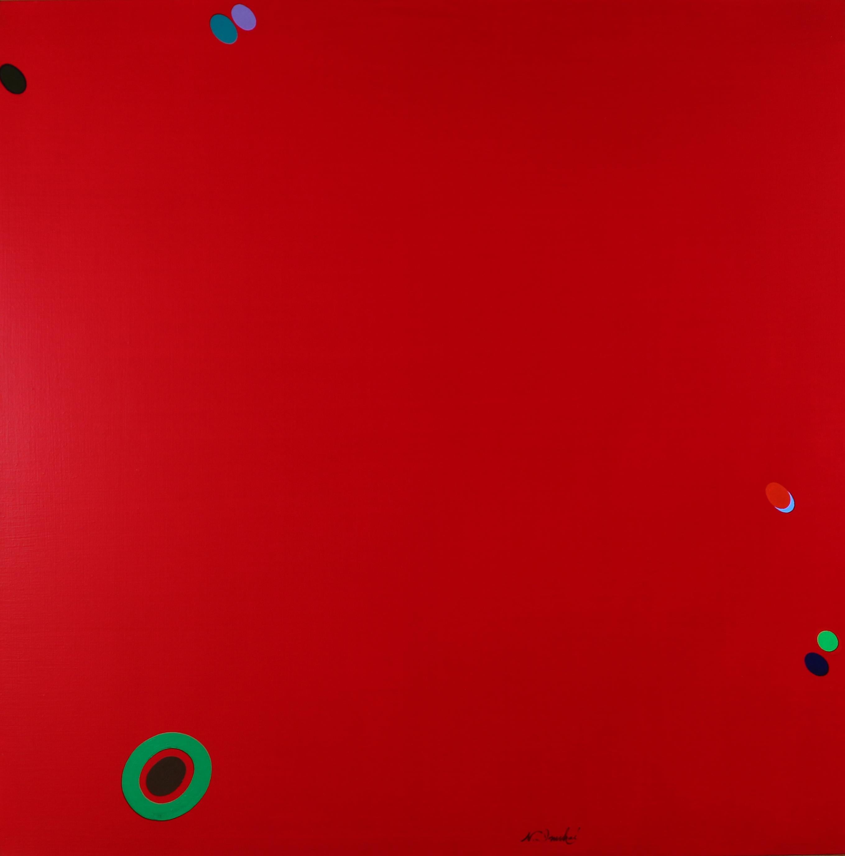Rotes Gemälde ohne Titel mit schwebenden Punkten von Naohiko Inukai – Painting von Naohiko Inukai 