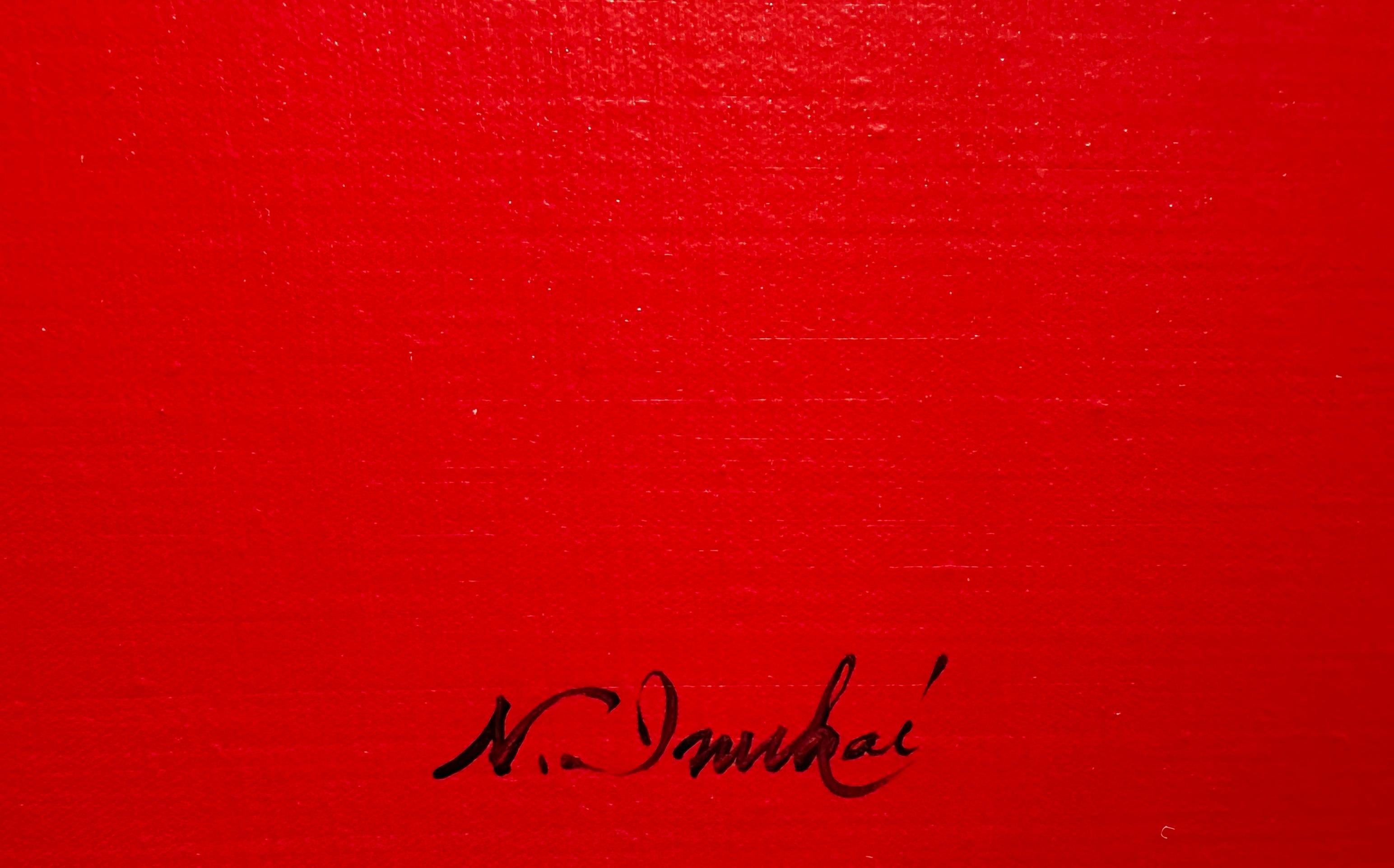 Rotes Gemälde ohne Titel mit schwebenden Punkten von Naohiko Inukai im Angebot 1