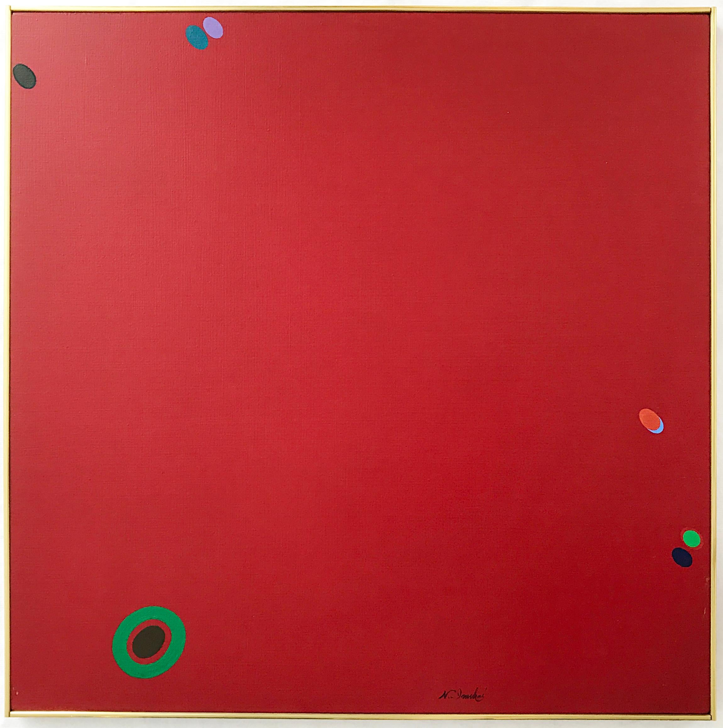 Rotes Gemälde ohne Titel mit schwebenden Punkten von Naohiko Inukai