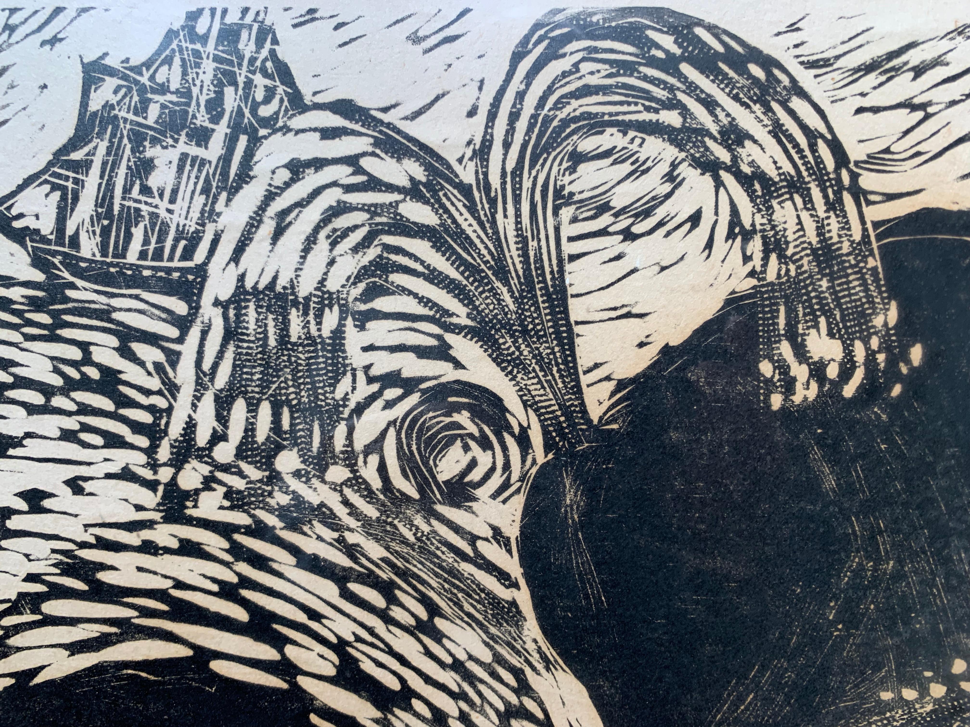 Naoko MATSUBARA (b.1937). Whaling, Nantucket, 1967. Woodcut print, 11.5 x 30 inches. 23 x 39 inches framed. Signed and titled in pencil, lower margins. 

Matsubara graduated from the Kyoto University of Applied Arts in 1960. She then pursued an MFA