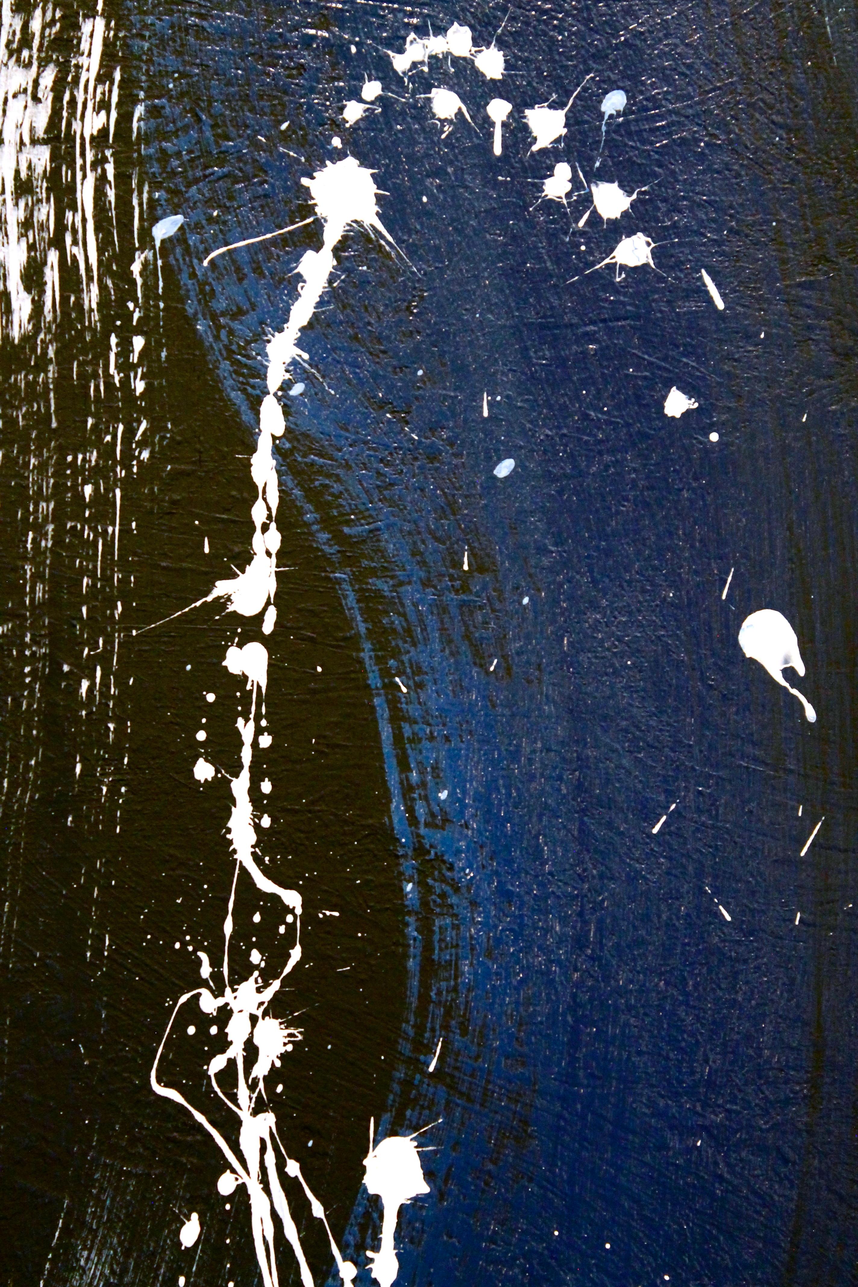 <p>Artist Comments<br>A contemporary abstract expressionist piece in black, blue, and white by artist Naoko Paluszak. Sweeping calligraphic strokes appear above the deep blue gradient. Gestural brushwork joined by drips and splashes results in a
