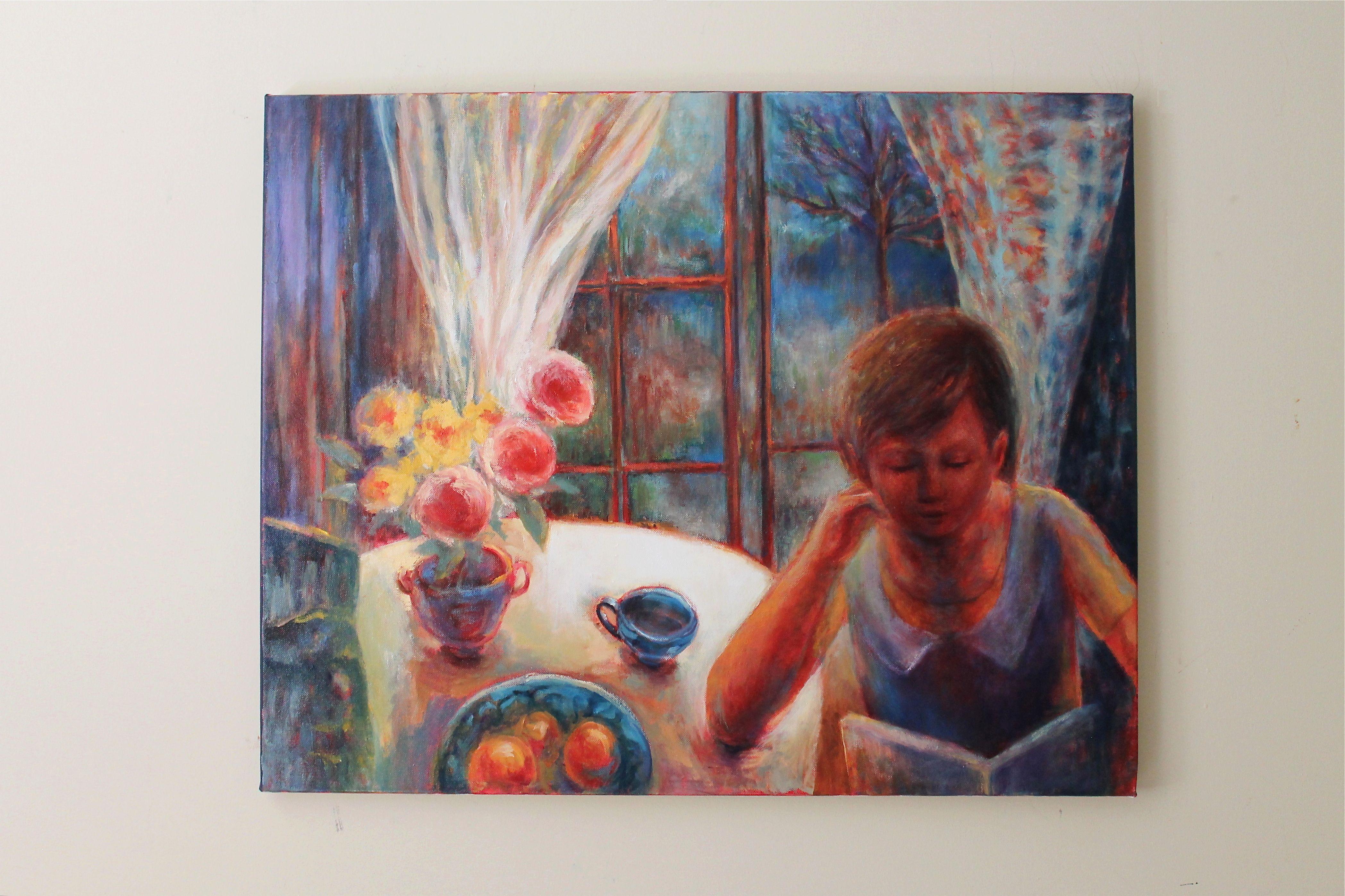 Girl with a Book, Painting, Oil on Canvas For Sale 1