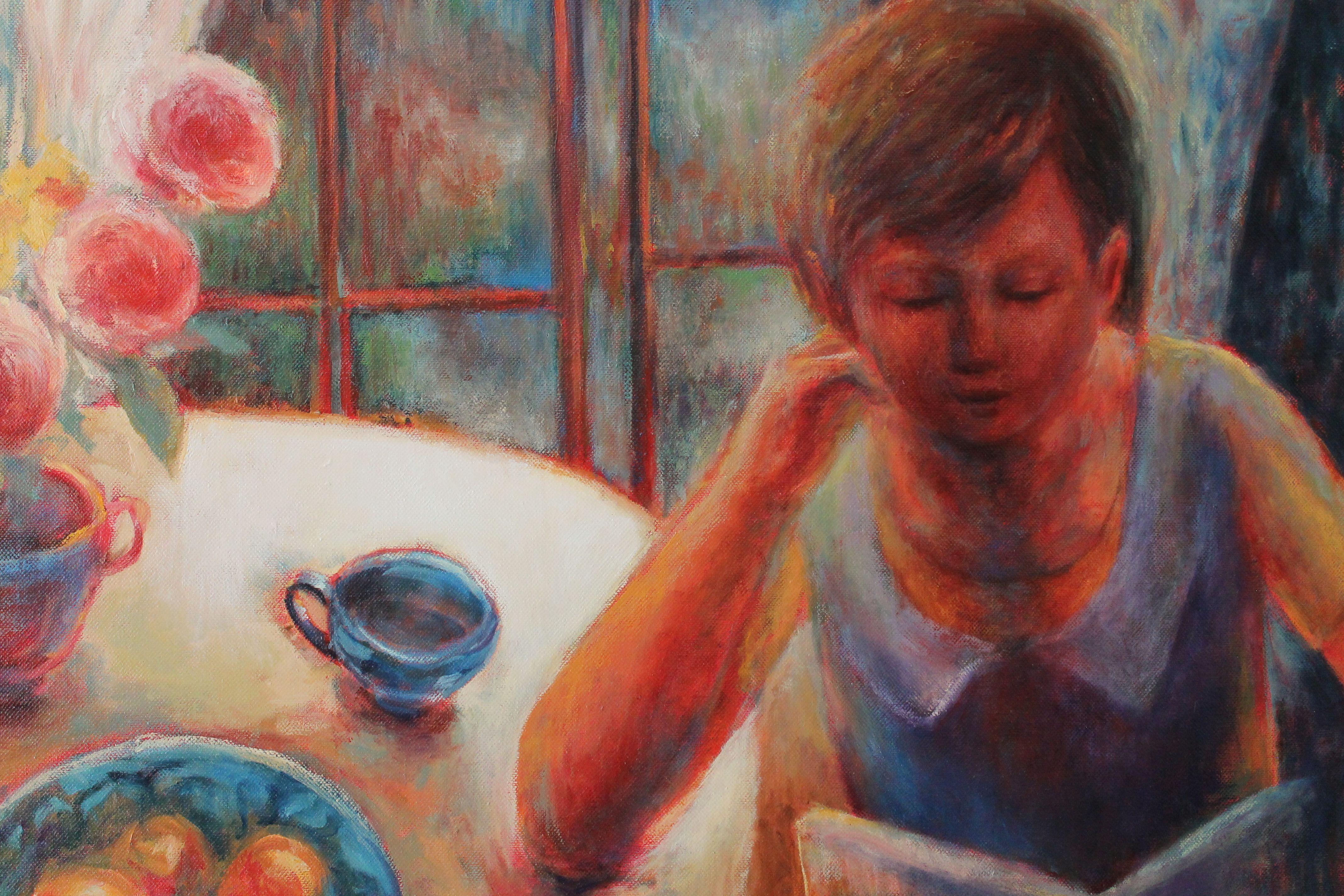 Girl with a Book, Painting, Oil on Canvas For Sale 3