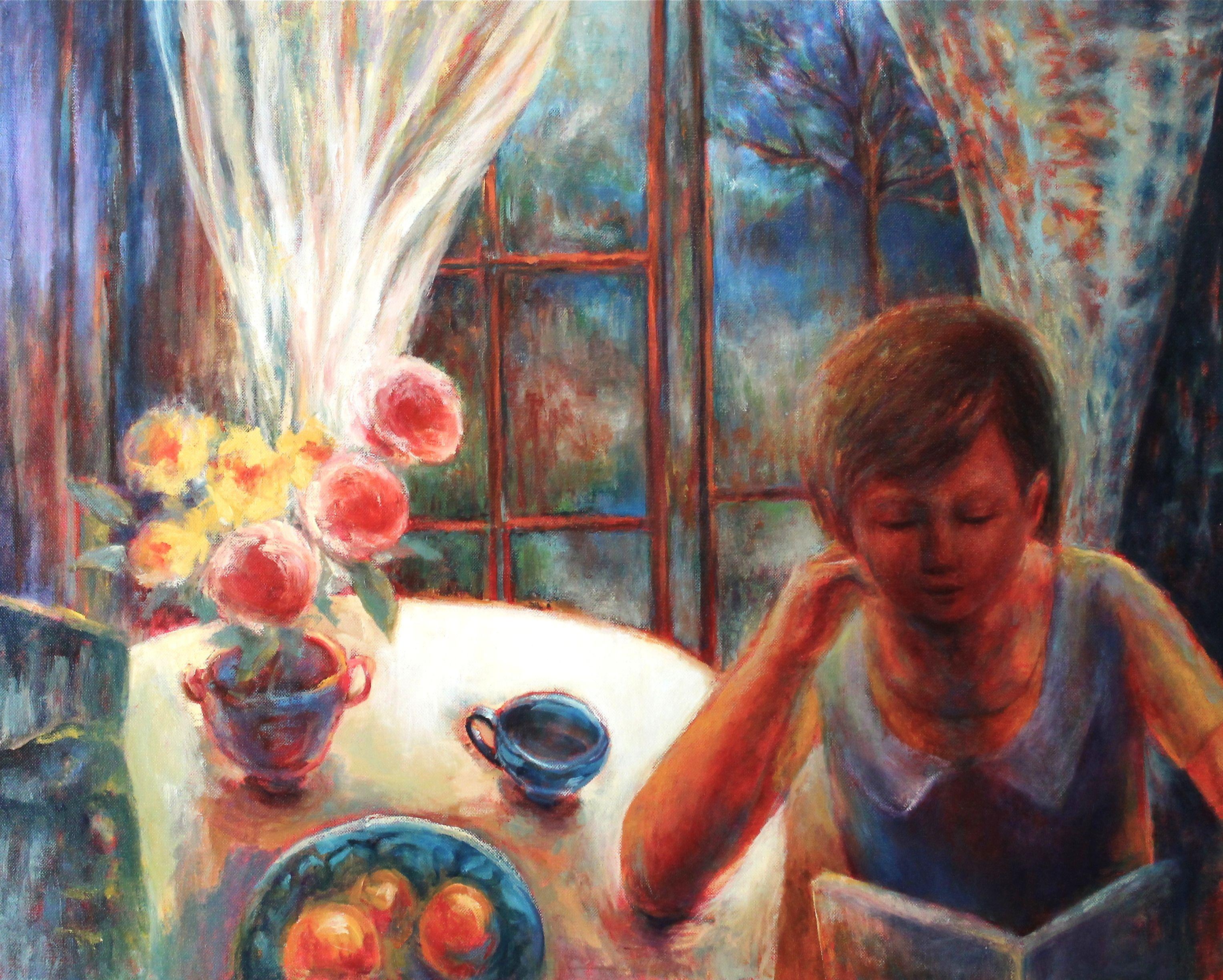 This 24"x30" oil on canvas painting "Girl with a Book" is a portrait of a girl in a room with a view of a garden done in the style of neo-modernism and it will be shipped ready to hang. :: Painting :: Impressionist :: This piece comes with an