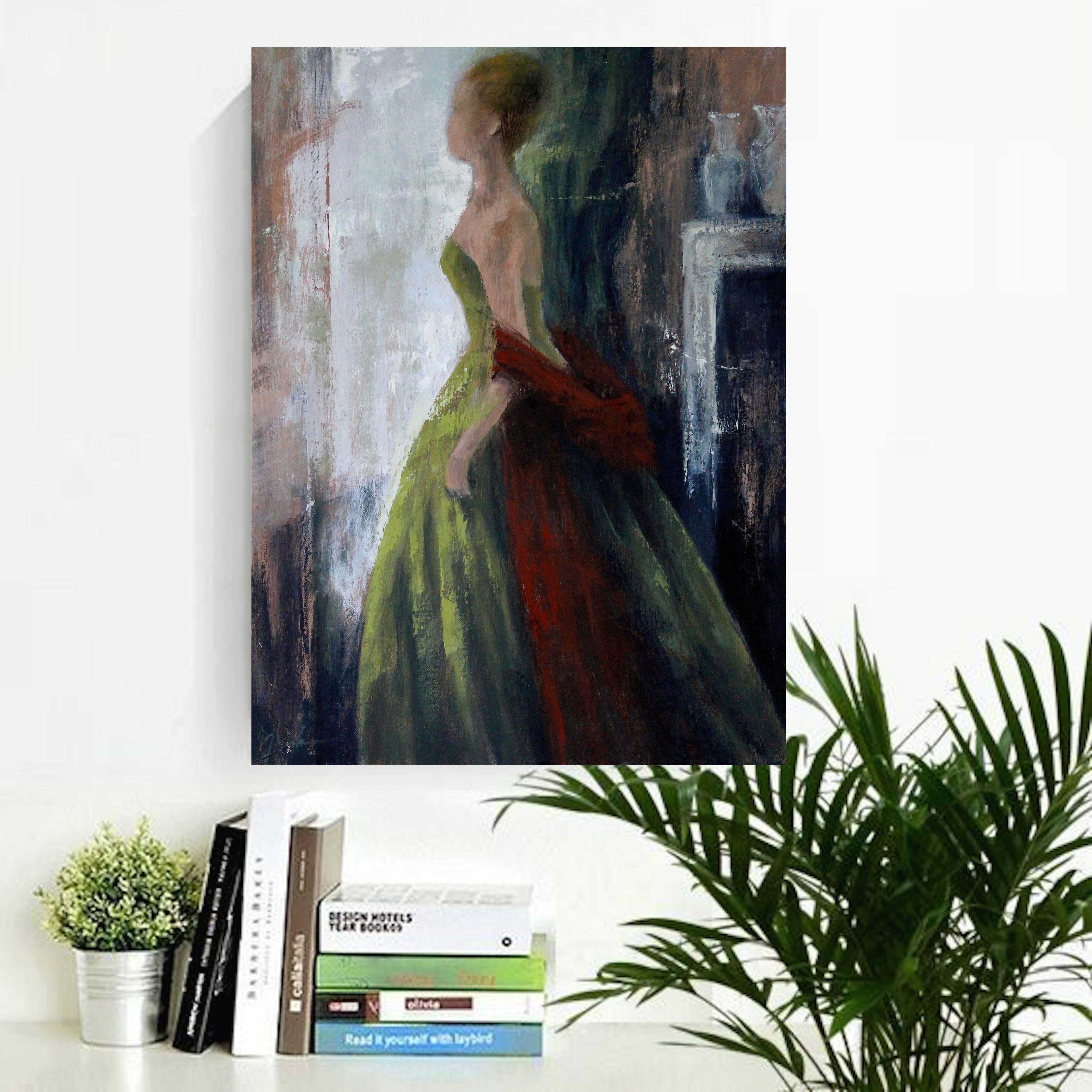 Vestido verde y chal rojo, Pintura, Óleo sobre lienzo en venta 1