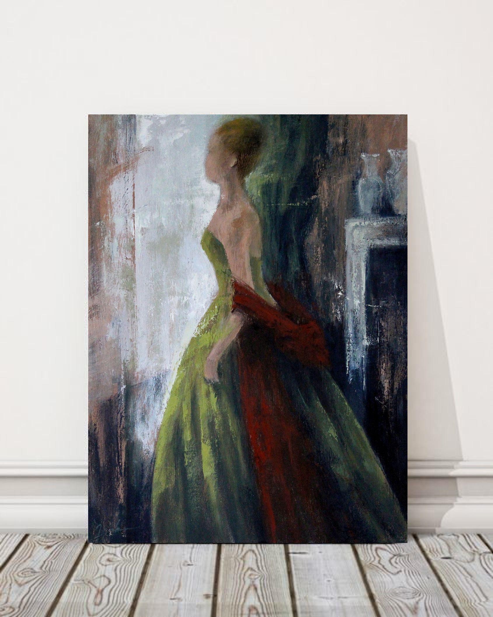Green Dress and Red Shawl, Painting, Oil on Canvas For Sale 1