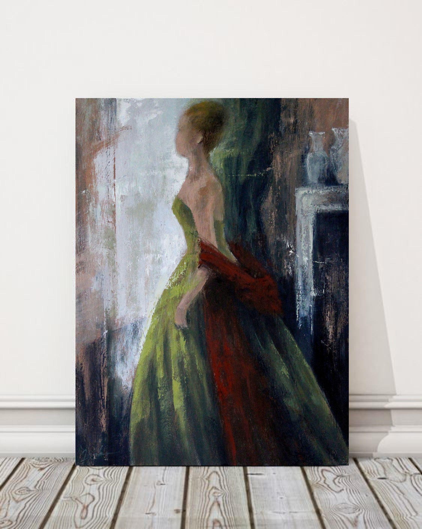Vestido verde y chal rojo, Pintura, Óleo sobre lienzo en venta 2