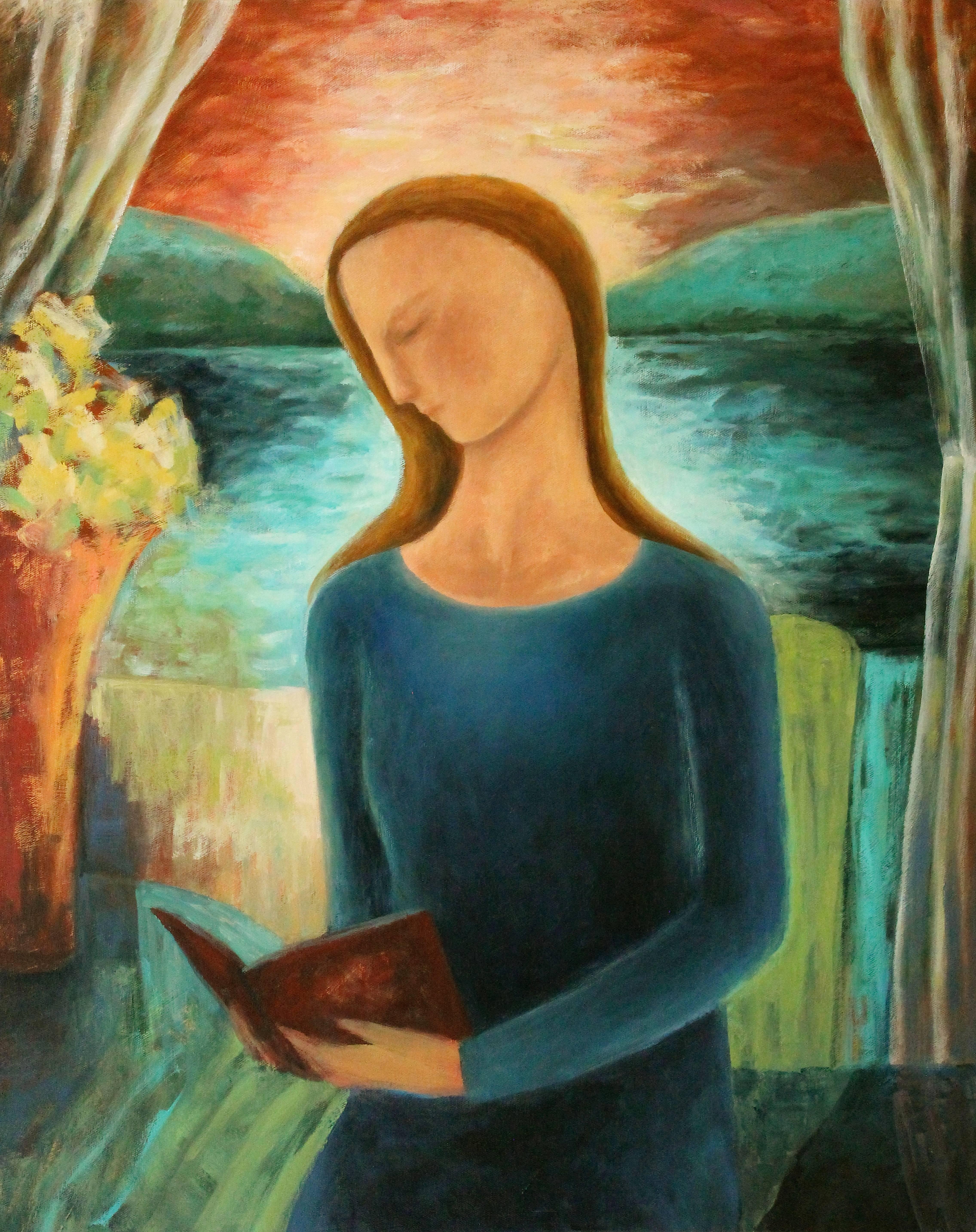 Naoko Paluszak Portrait Painting - Woman Reading by the Lake