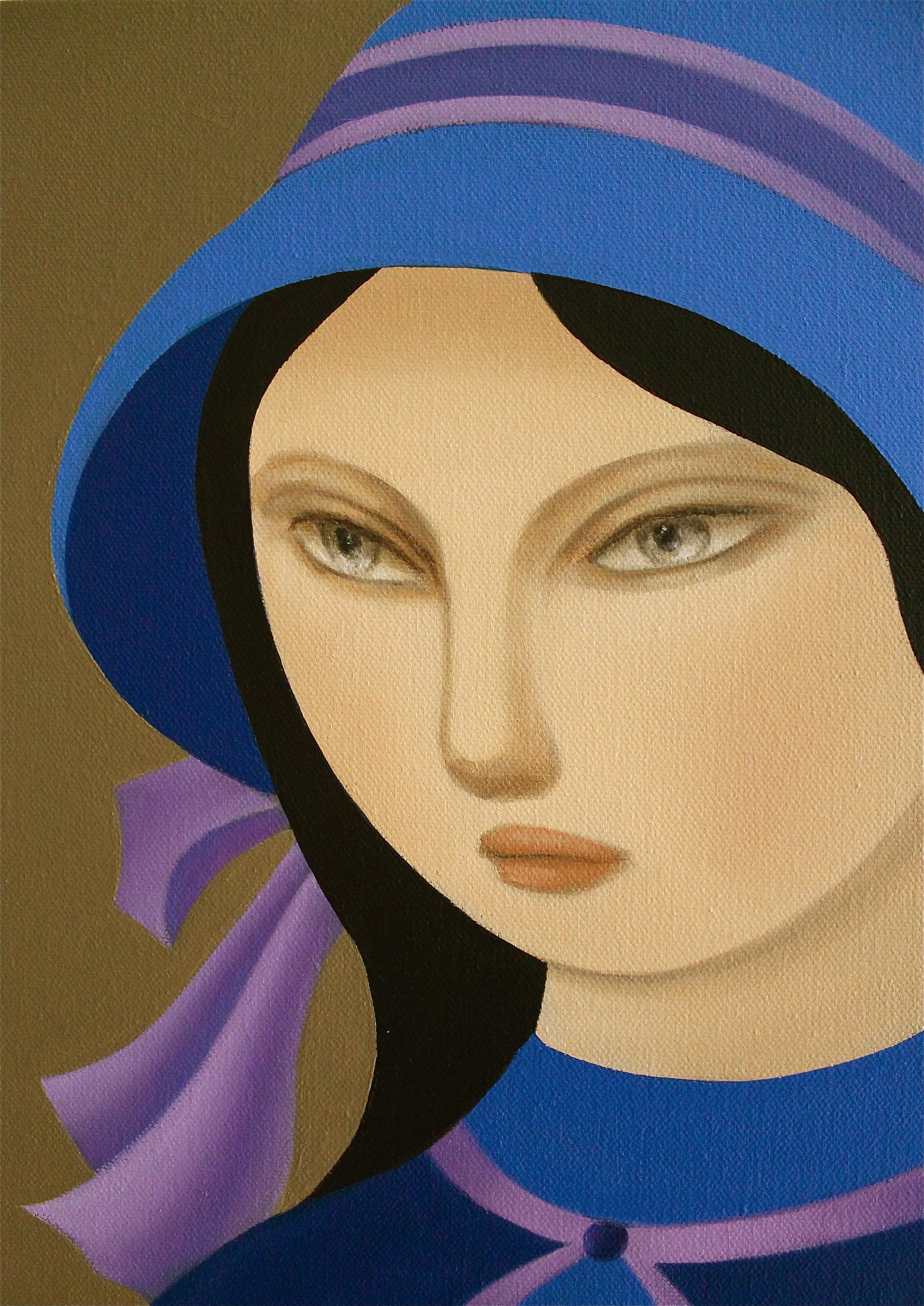 Peinture - Huile sur toile - Femme avec chapeau bleu - Contemporain Painting par Naoko Paluszak