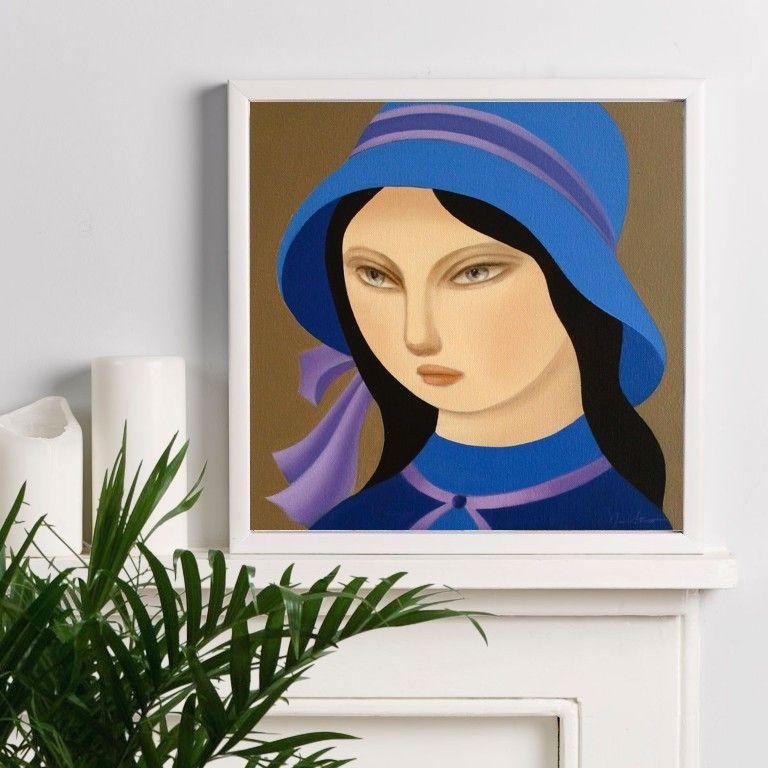 Peinture - Huile sur toile - Femme avec chapeau bleu en vente 1