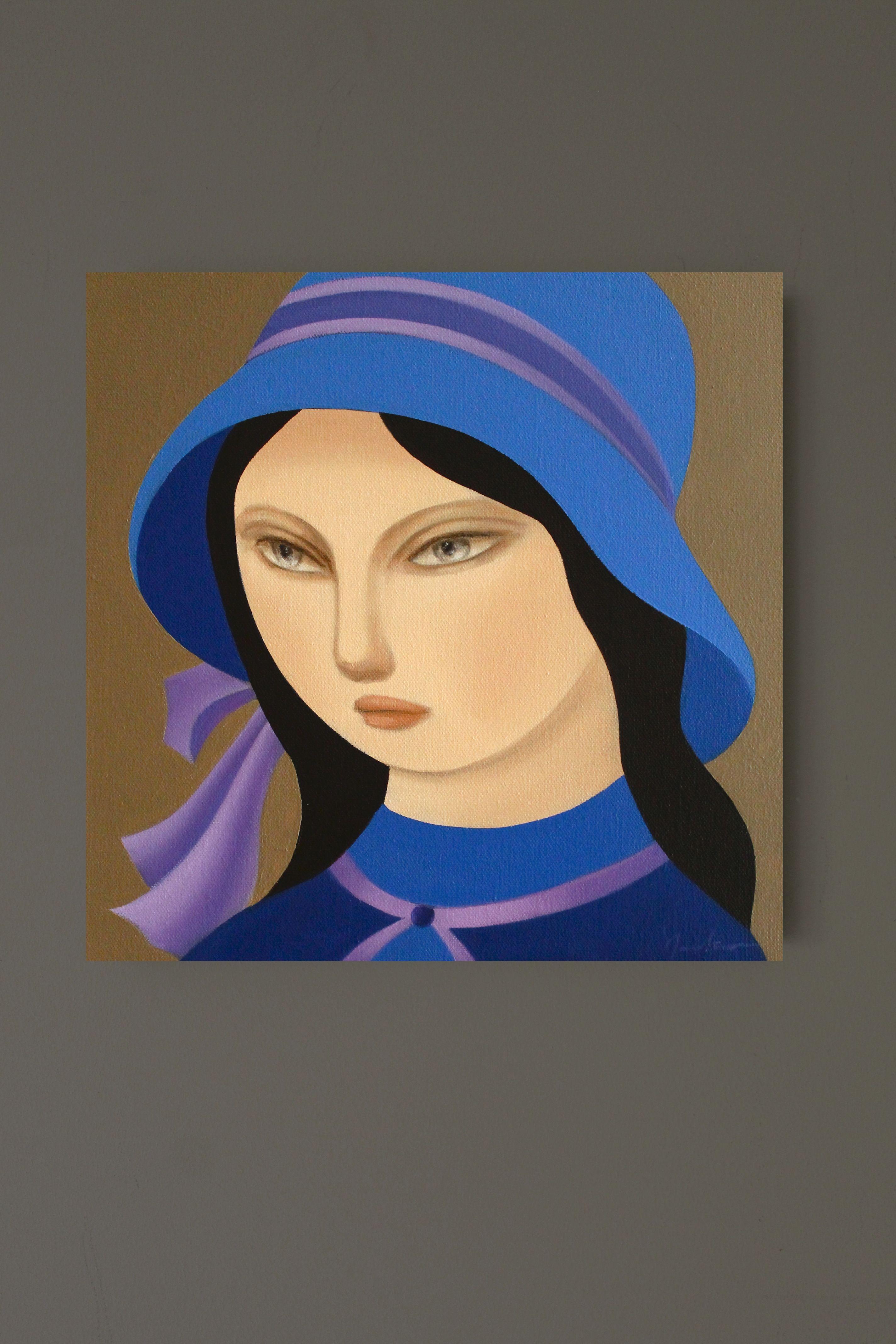 Peinture - Huile sur toile - Femme avec chapeau bleu en vente 2