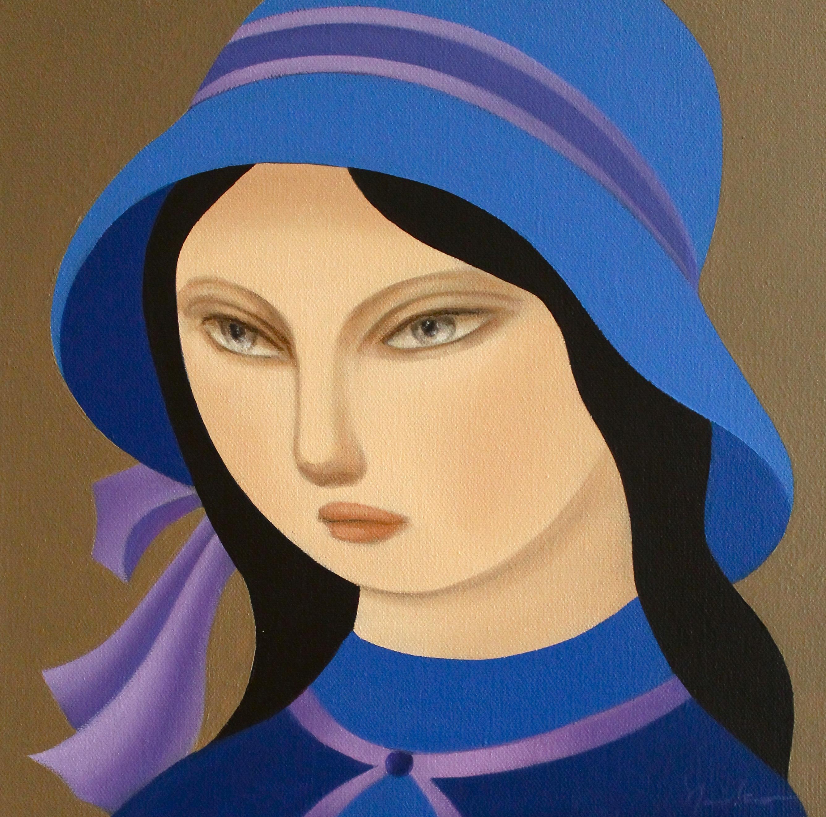 Peinture - Huile sur toile - Femme avec chapeau bleu - Painting de Naoko Paluszak