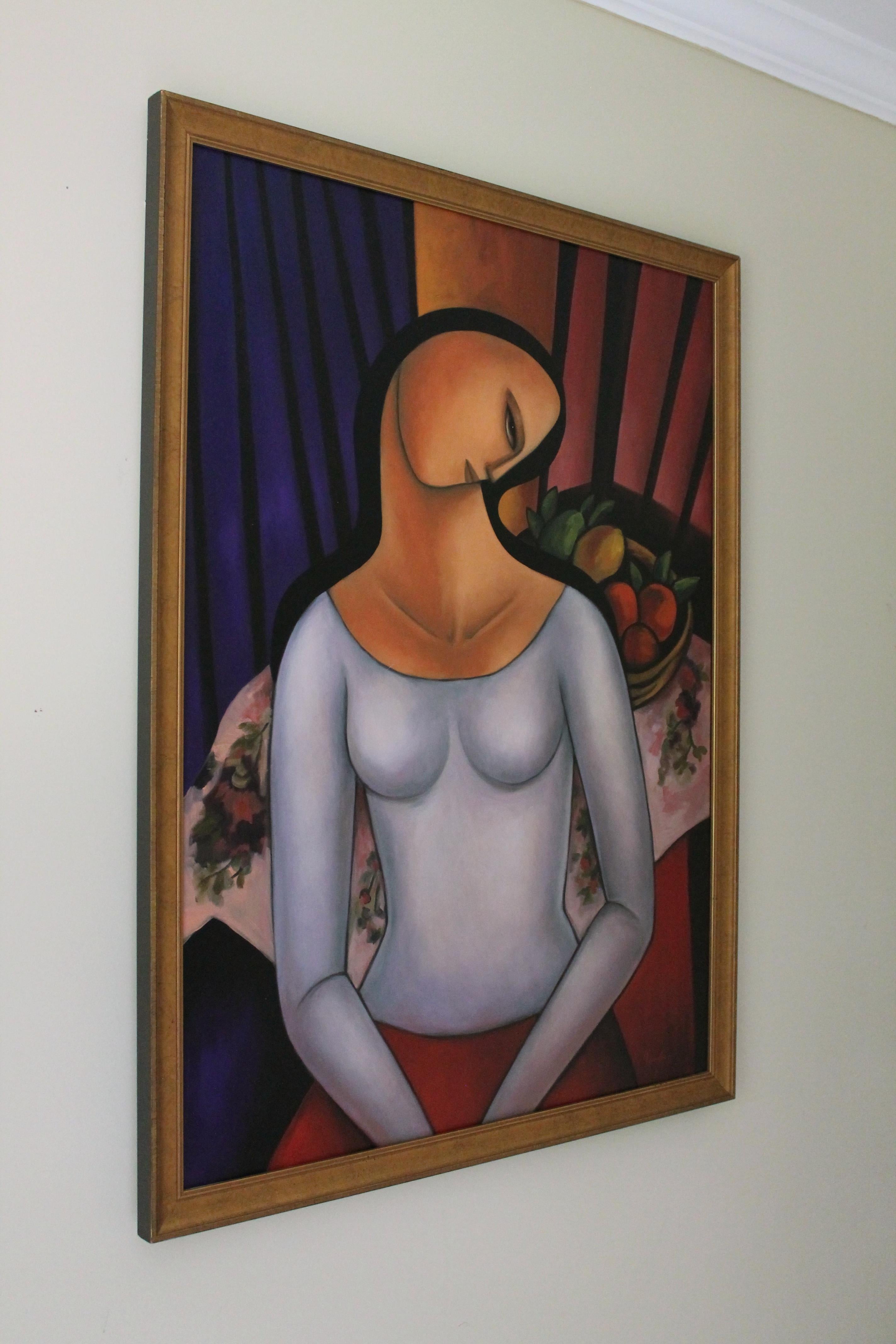 Woman with Matisse's Fruits, Painting, Oil on Canvas For Sale 1