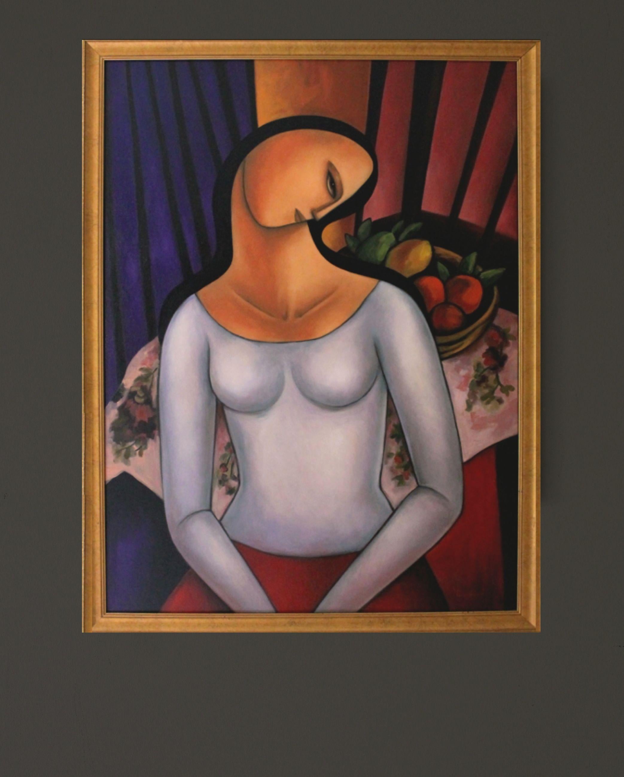 Woman with Matisse's Fruits, Painting, Oil on Canvas For Sale 2
