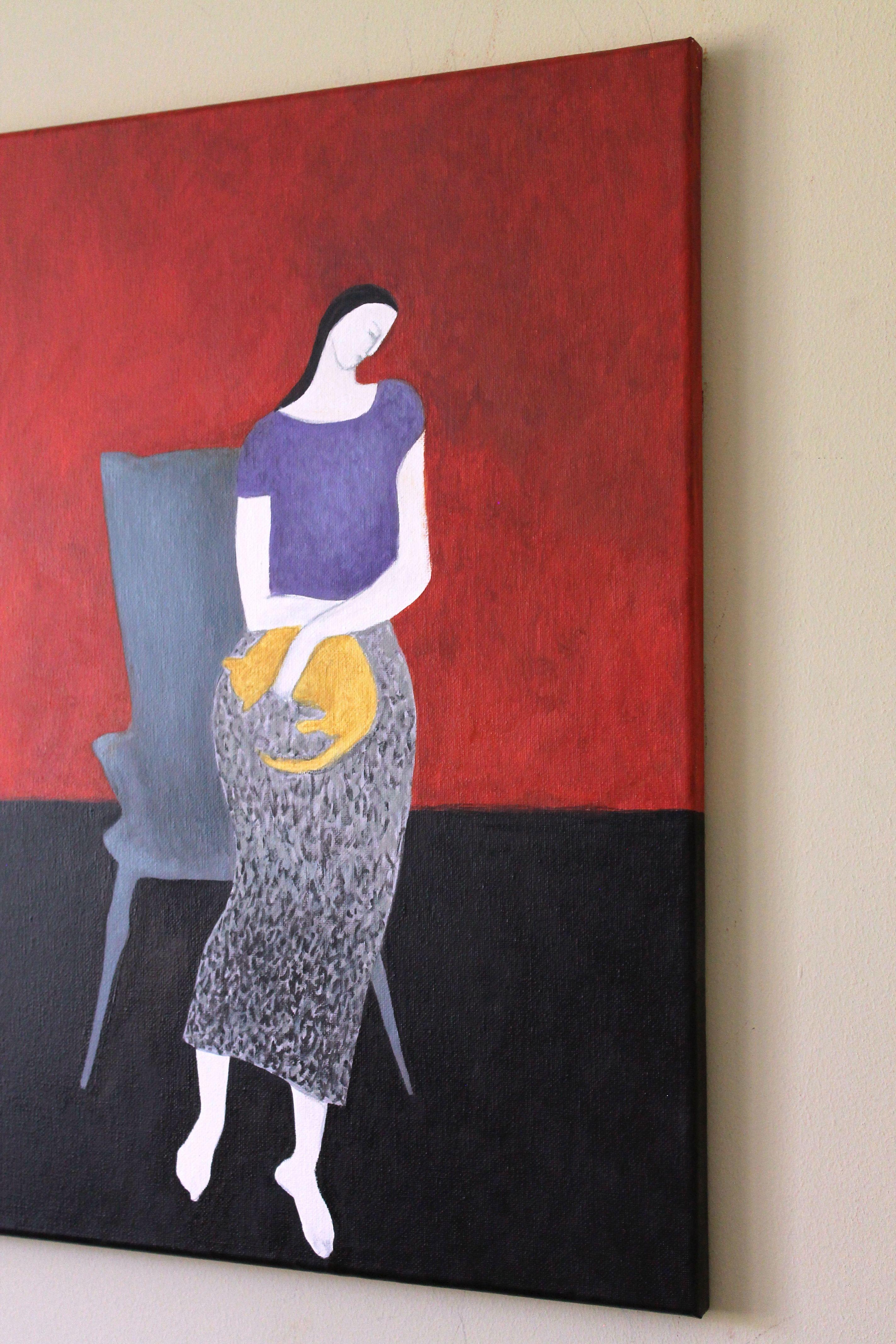 Donna con gatto giallo, Pittura, Olio su tela - Painting Contemporaneo di Naoko Paluszak