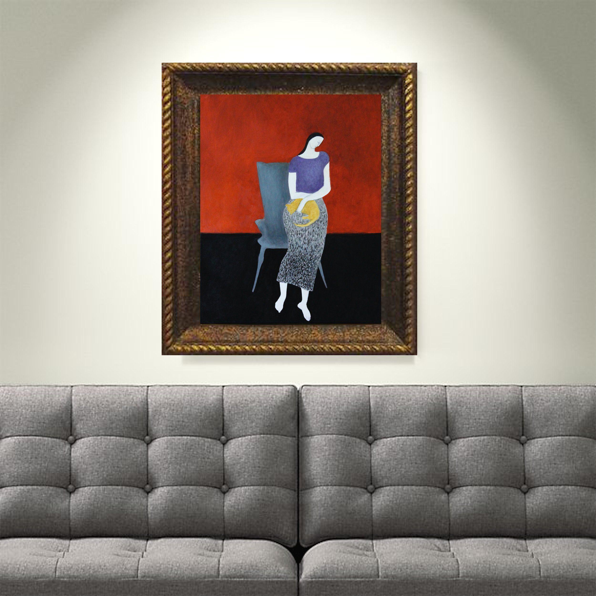 Woman with Yellow Cat, Painting, Oil on Canvas For Sale 1