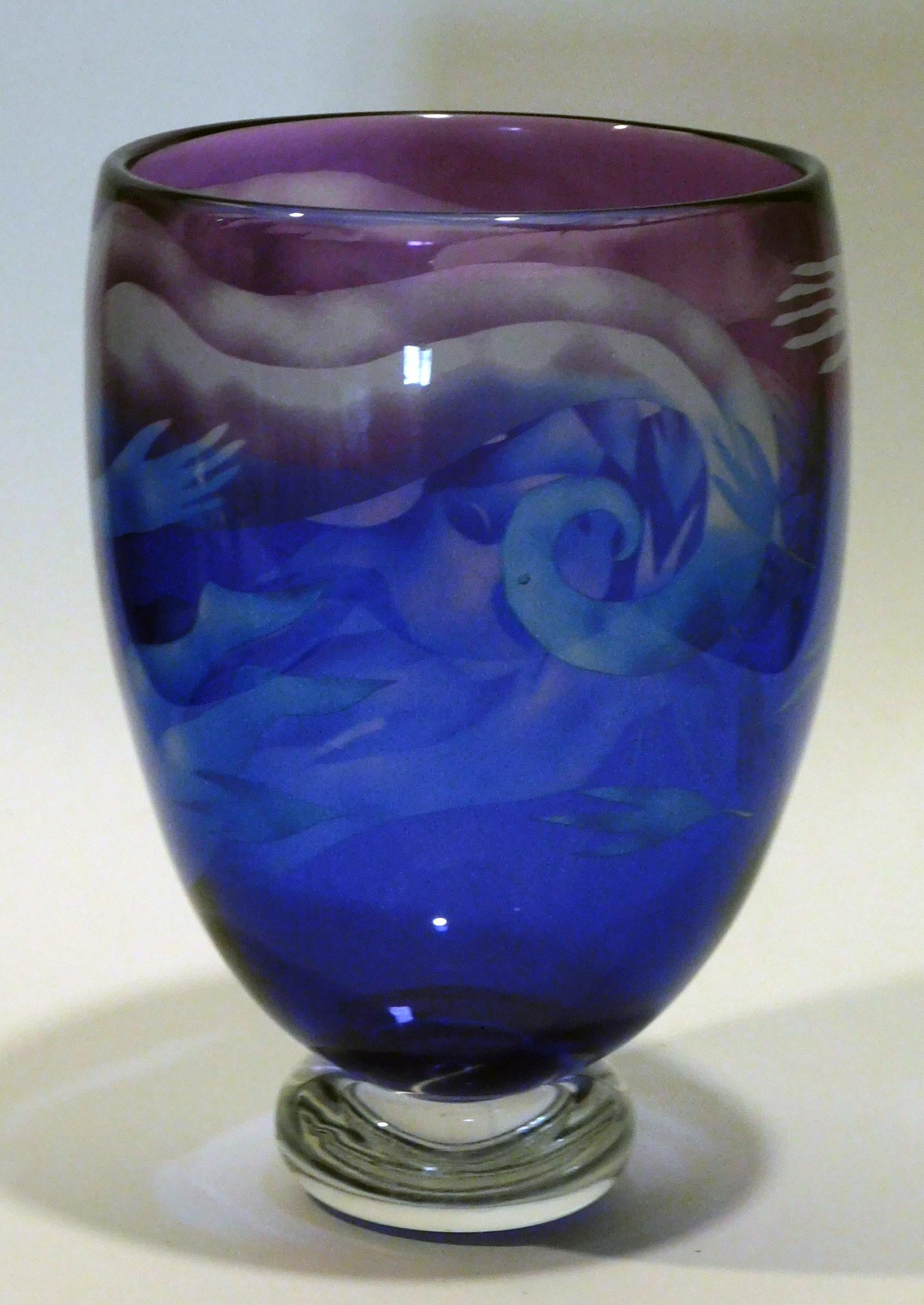 Etched Naoko Takenouchi Cameo Glass Vase - Nocturne Series For Sale