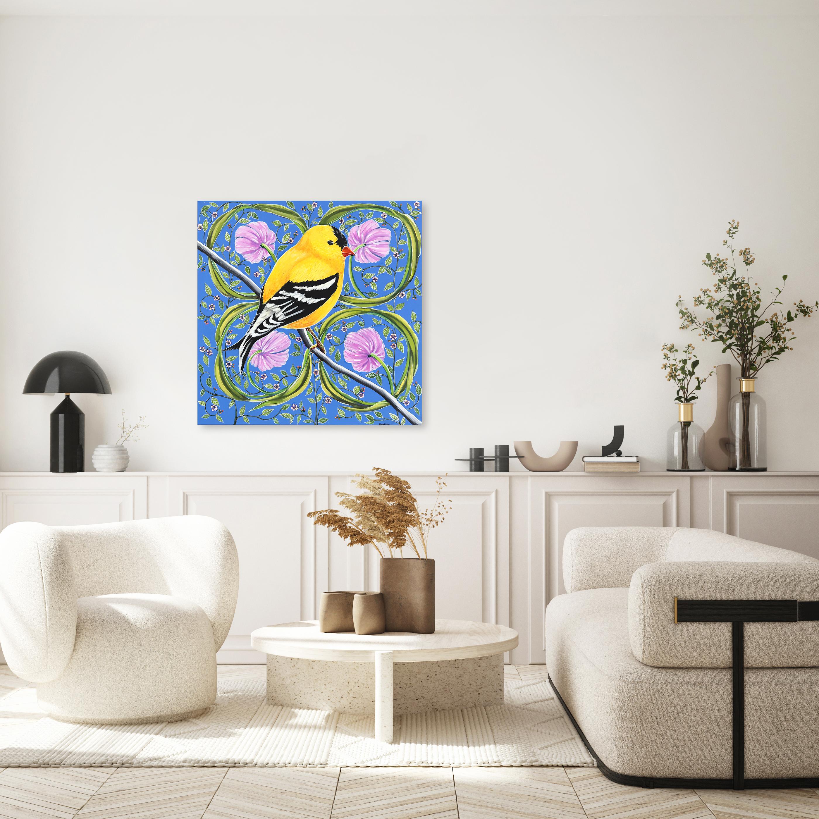 Goldfinch - Originales farbenfrohes, figuratives, geblümtes Vogelgemälde auf Leinwand – Painting von Naomi Jones