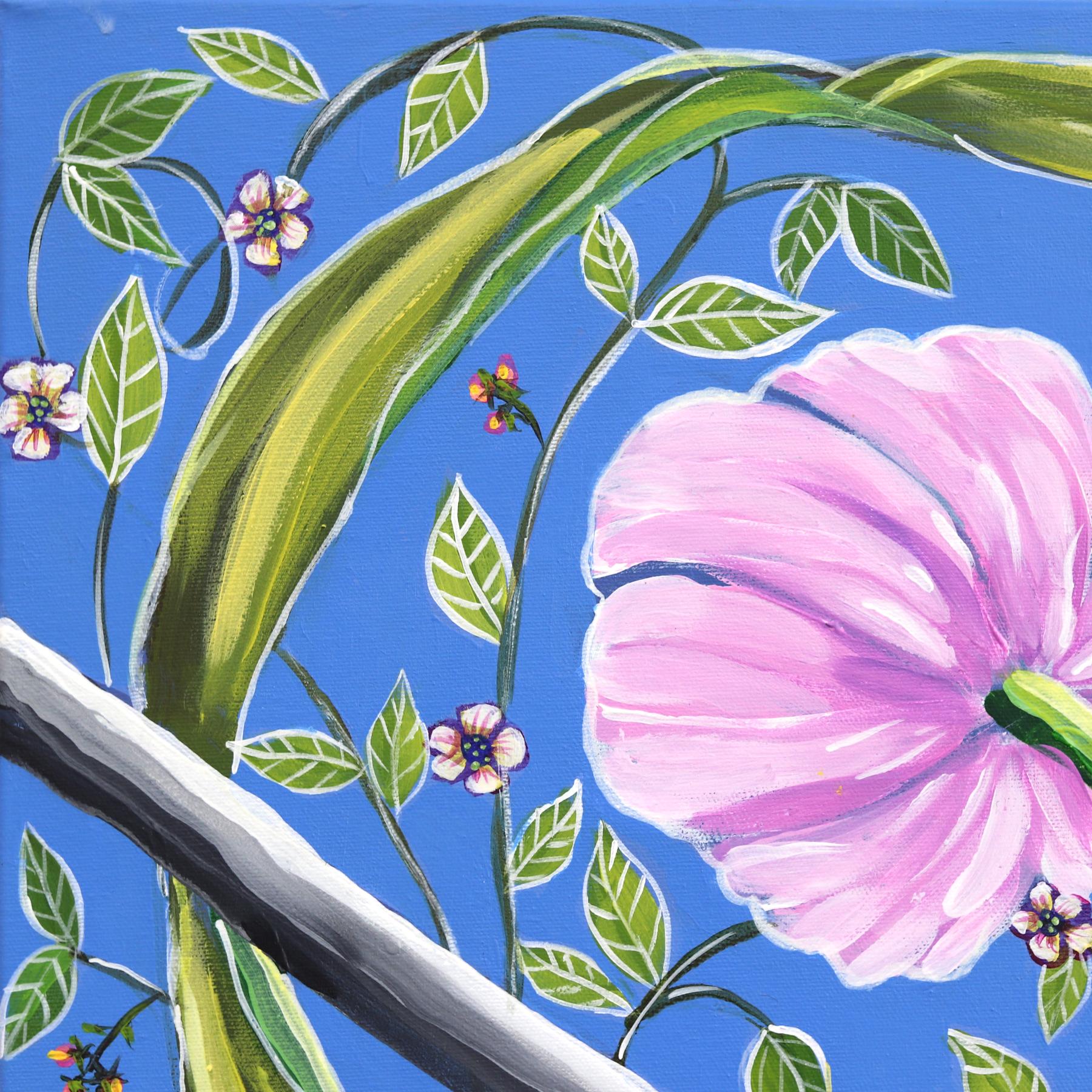 Goldfinch - Originales farbenfrohes, figuratives, geblümtes Vogelgemälde auf Leinwand (Volkskunst), Painting, von Naomi Jones