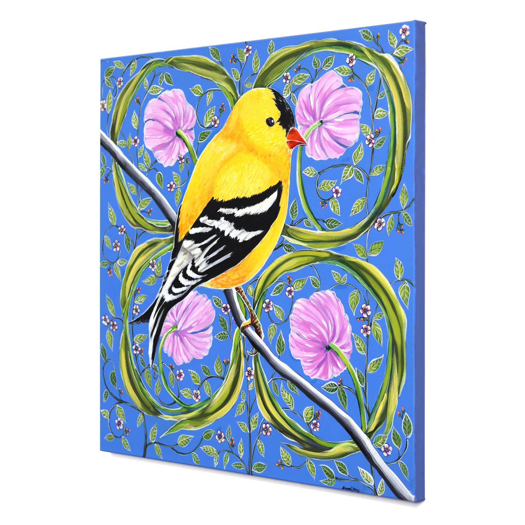 Goldfinch - Originales farbenfrohes, figuratives, geblümtes Vogelgemälde auf Leinwand (Blau), Figurative Painting, von Naomi Jones