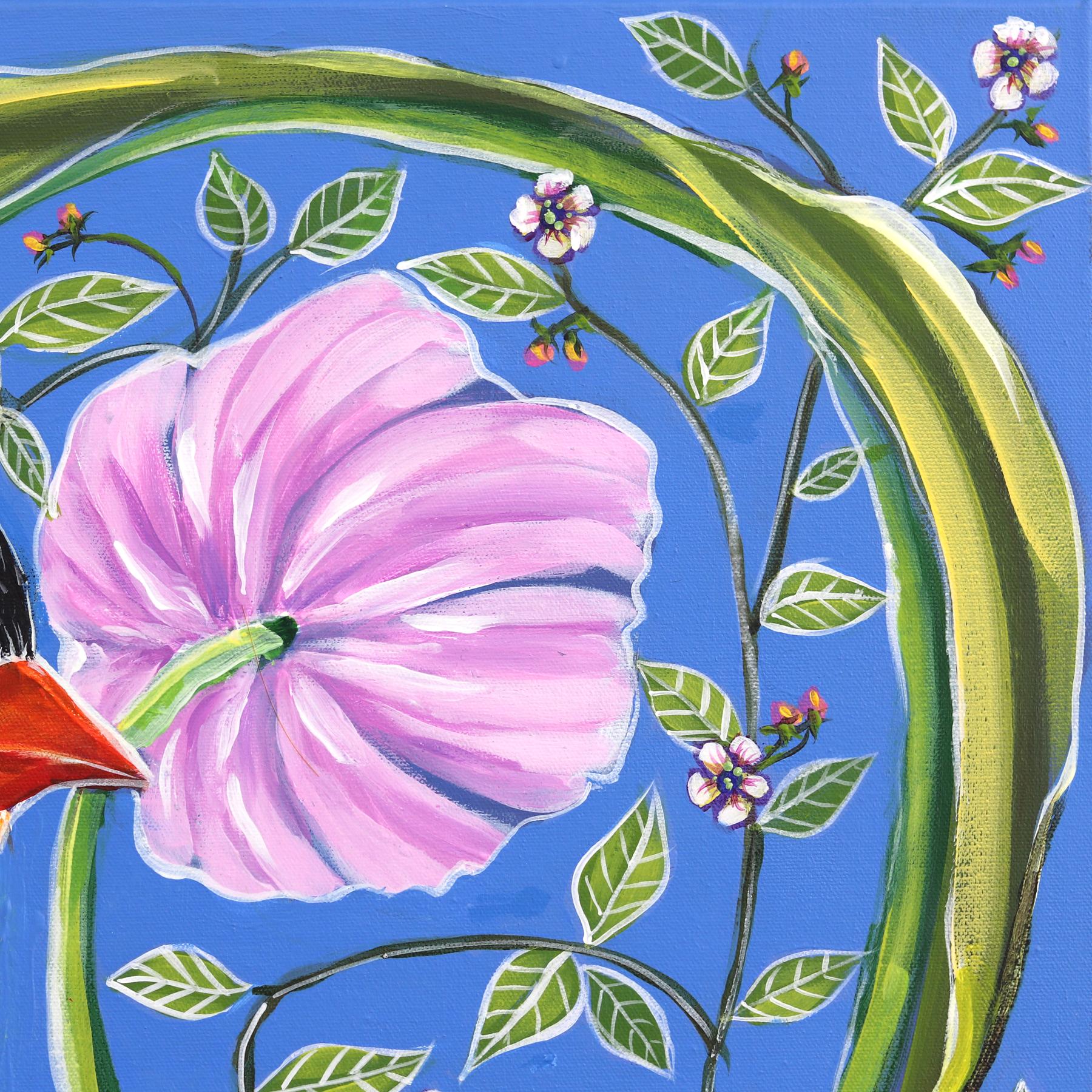 Naomi Jones' stimmungsvolle figurative Malerei fängt die Essenz weiblicher Gelassenheit und von der Natur inspirierter Symbolik ein. Dieses gefühlvolle Porträt zeigt eine friedliche Frau mit wallendem kastanienbraunem Haar, das sanft in grüne