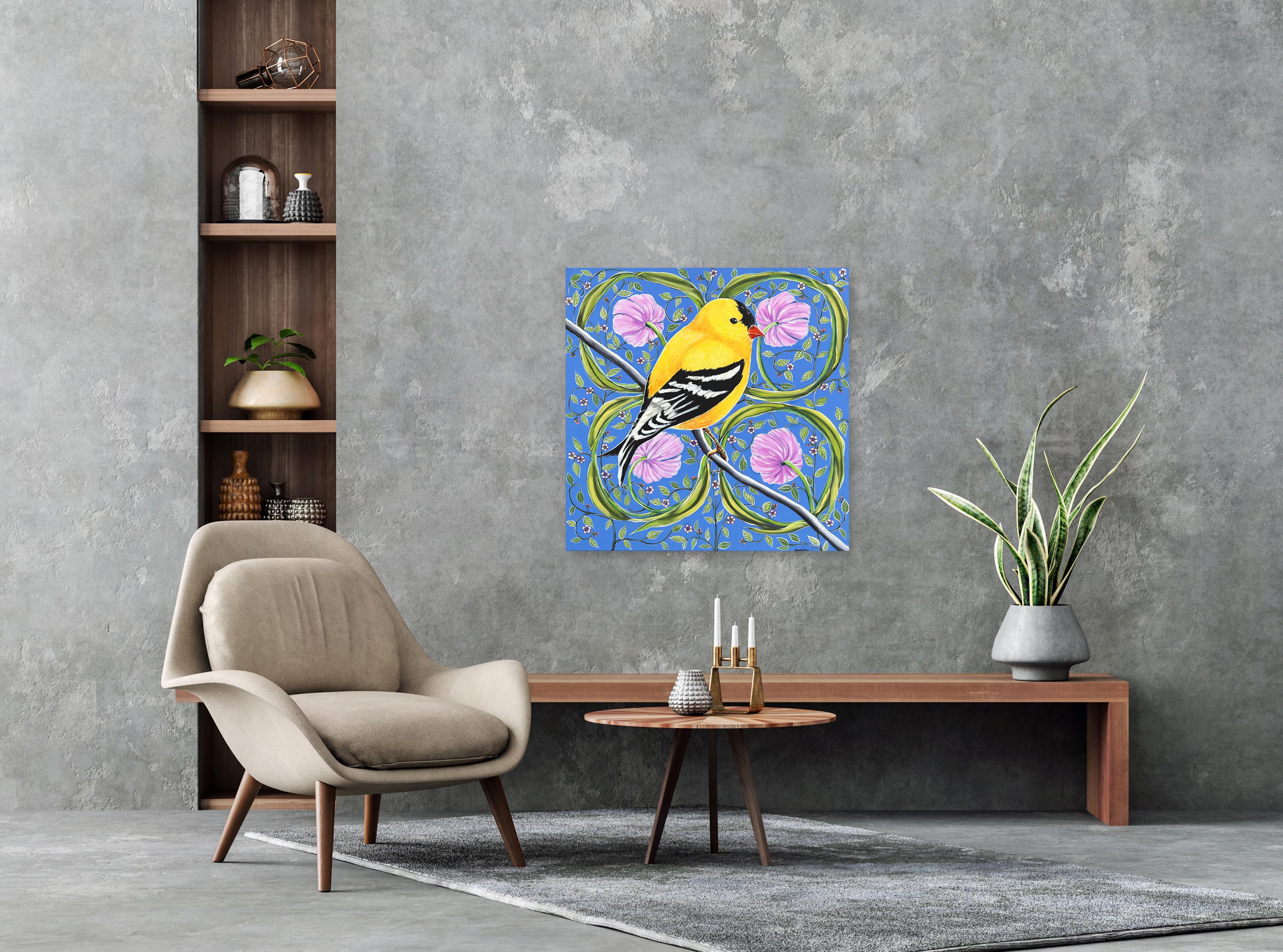 Goldfinch - Originales farbenfrohes, figuratives, geblümtes Vogelgemälde auf Leinwand im Angebot 1