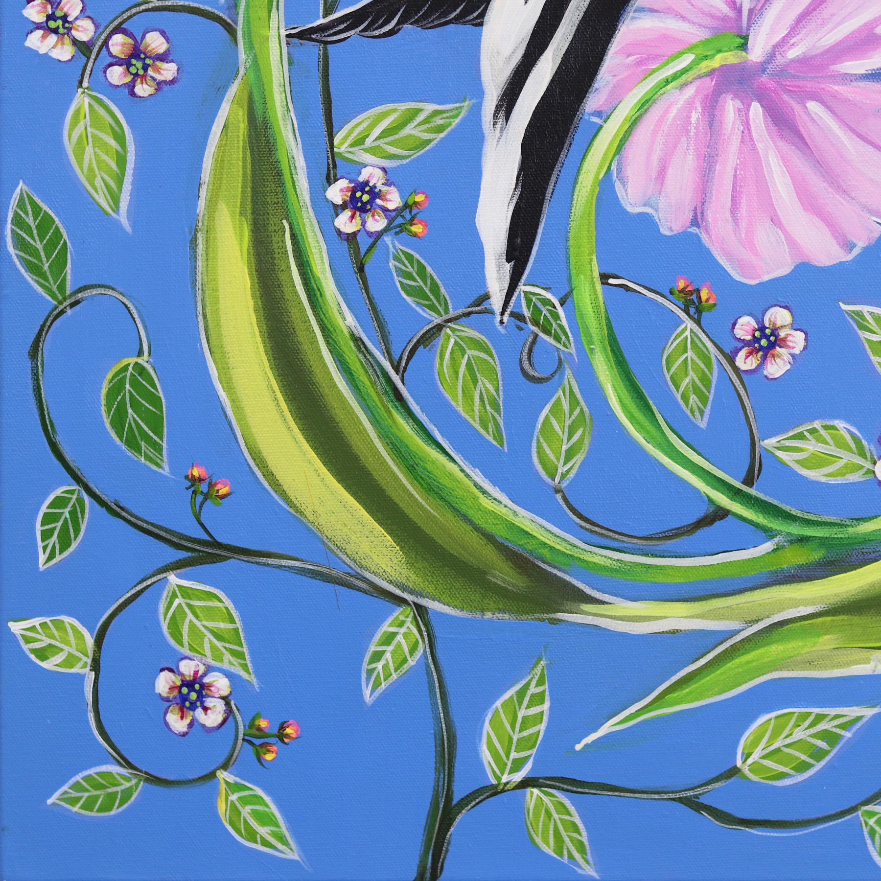 Goldfinch - Originales farbenfrohes, figuratives, geblümtes Vogelgemälde auf Leinwand im Angebot 2