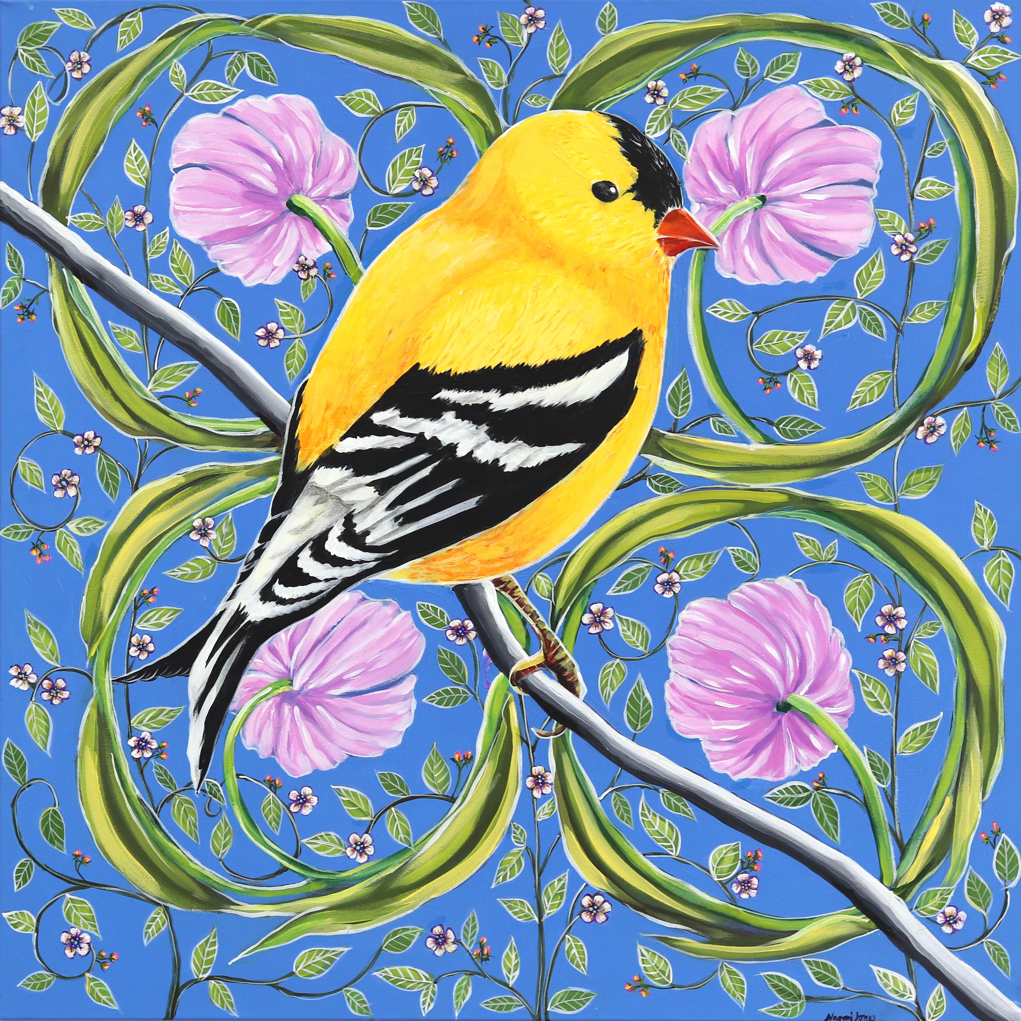 Cardellino - Pittura originale di uccelli figurativi colorati e floreali su tela