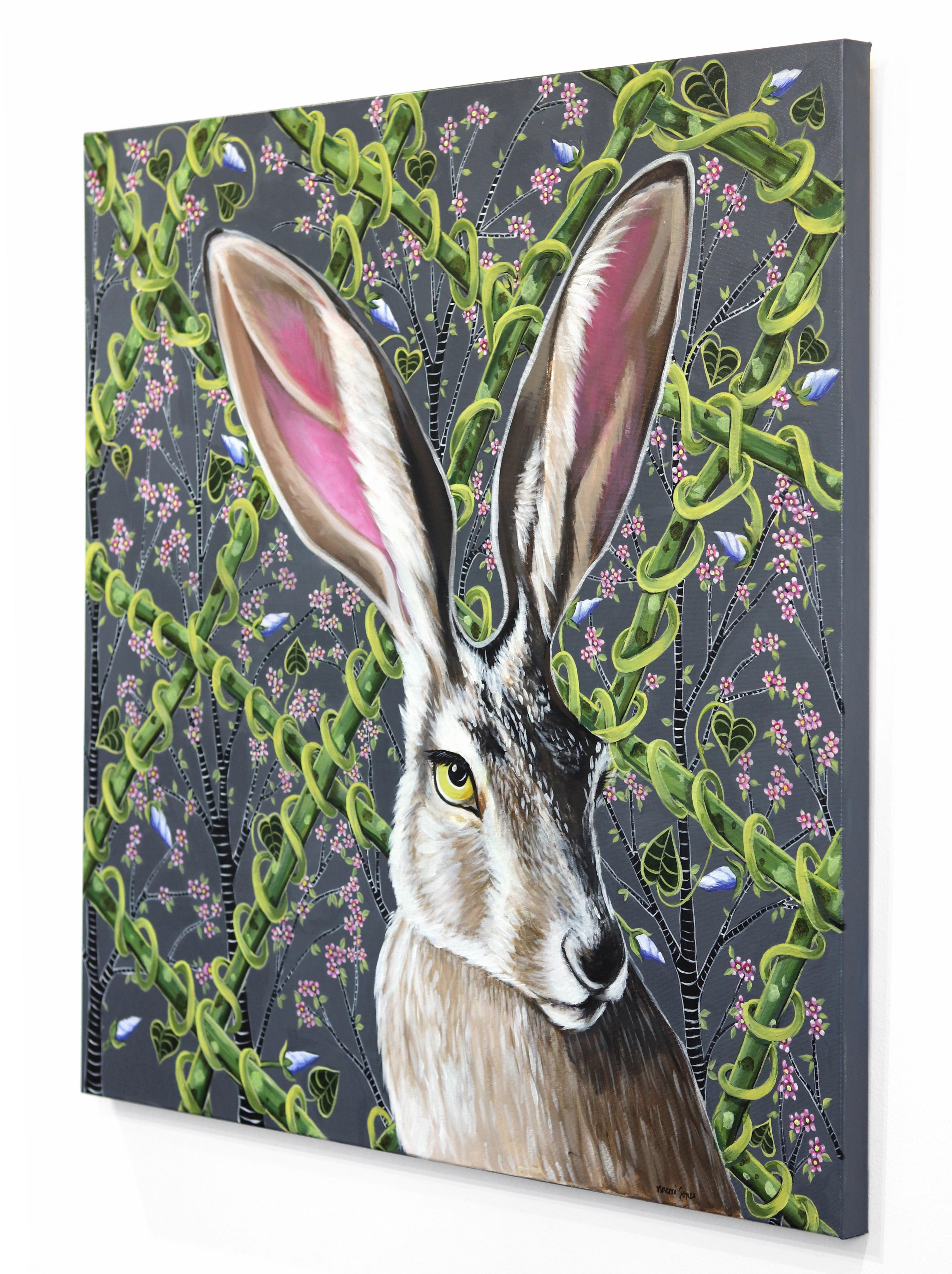 Jackrabbit en gris - Pintura figurativa original de animales en lienzo - Animal Painting Gris de Naomi Jones