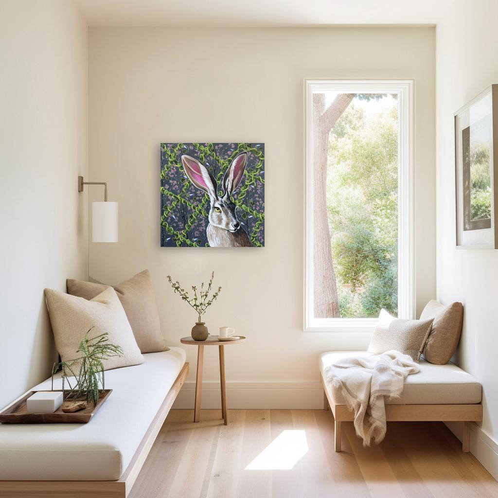 Jackrabbit on Grey - Original Vivid Figurative Animal Painting on Canvas For Sale 5