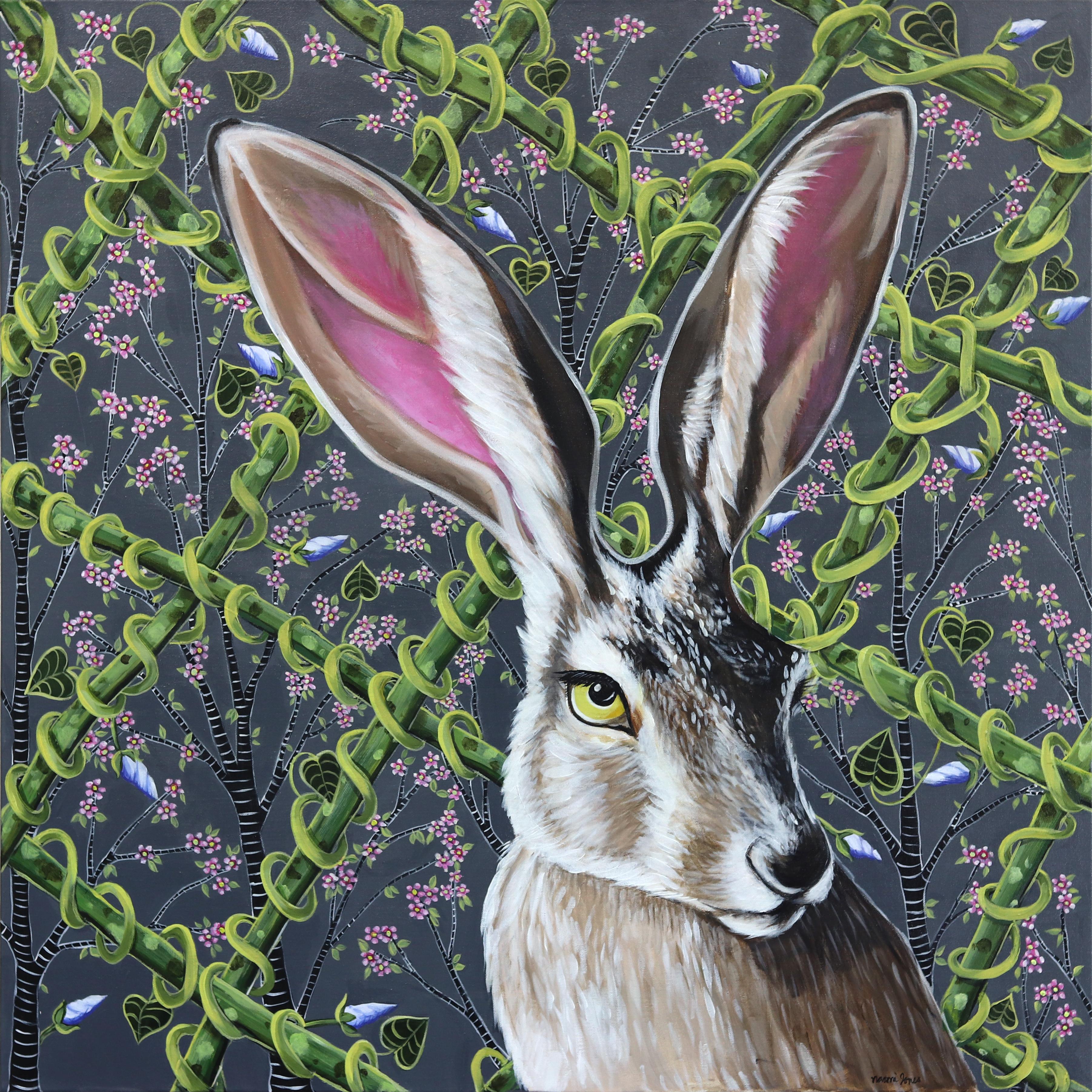 Naomi Jones Animal Painting – Kaninchen auf Grau - Original Vivid figurative Tier Malerei auf Leinwand