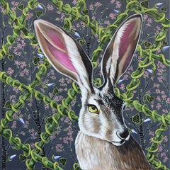 Jackrabbit on Grey - Original Vivid Figurative Animal Painting on Canvas