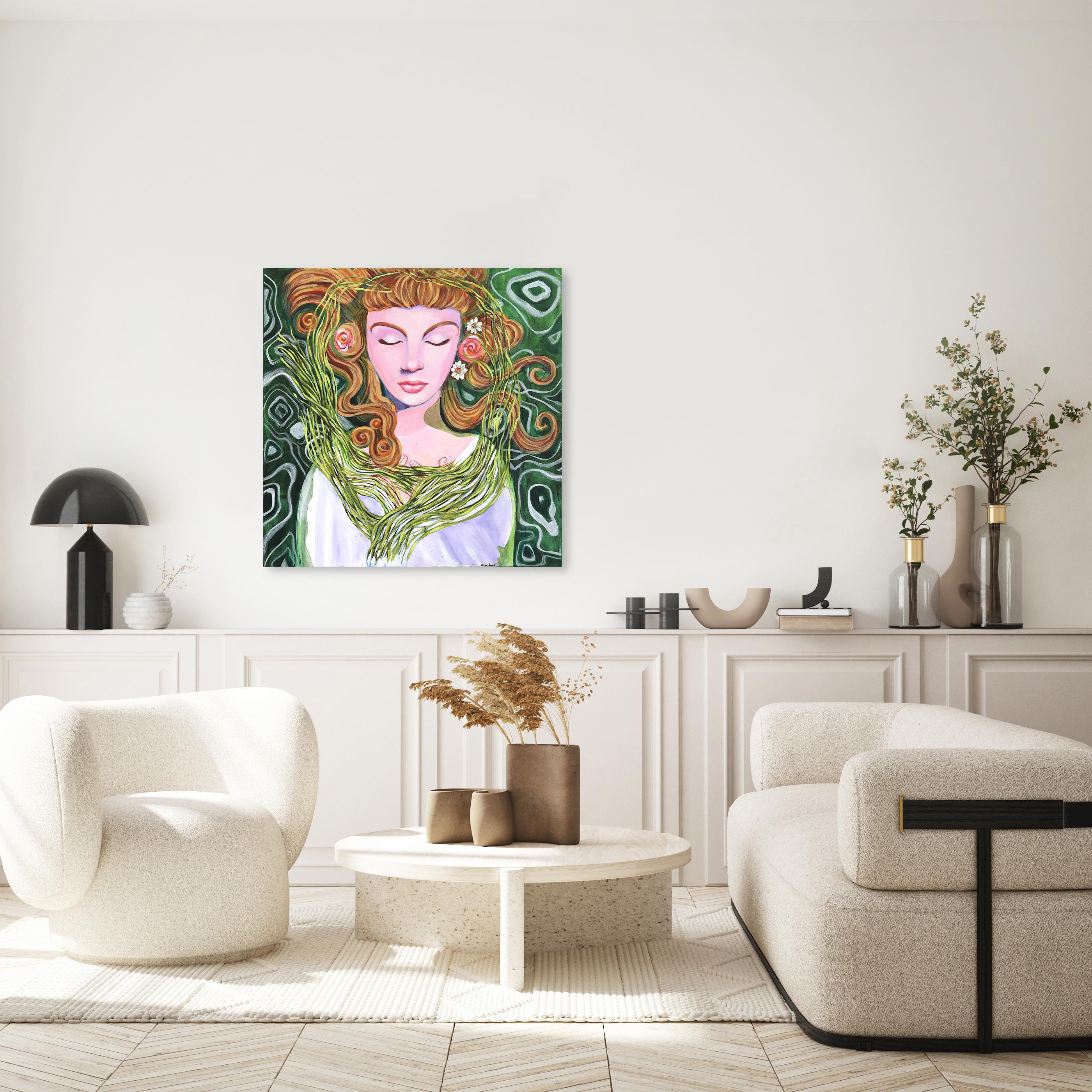 Ophelia - Original Erdgrünes, geblümtes, figuratives Frauenporträtgemälde auf Leinwand – Painting von Naomi Jones
