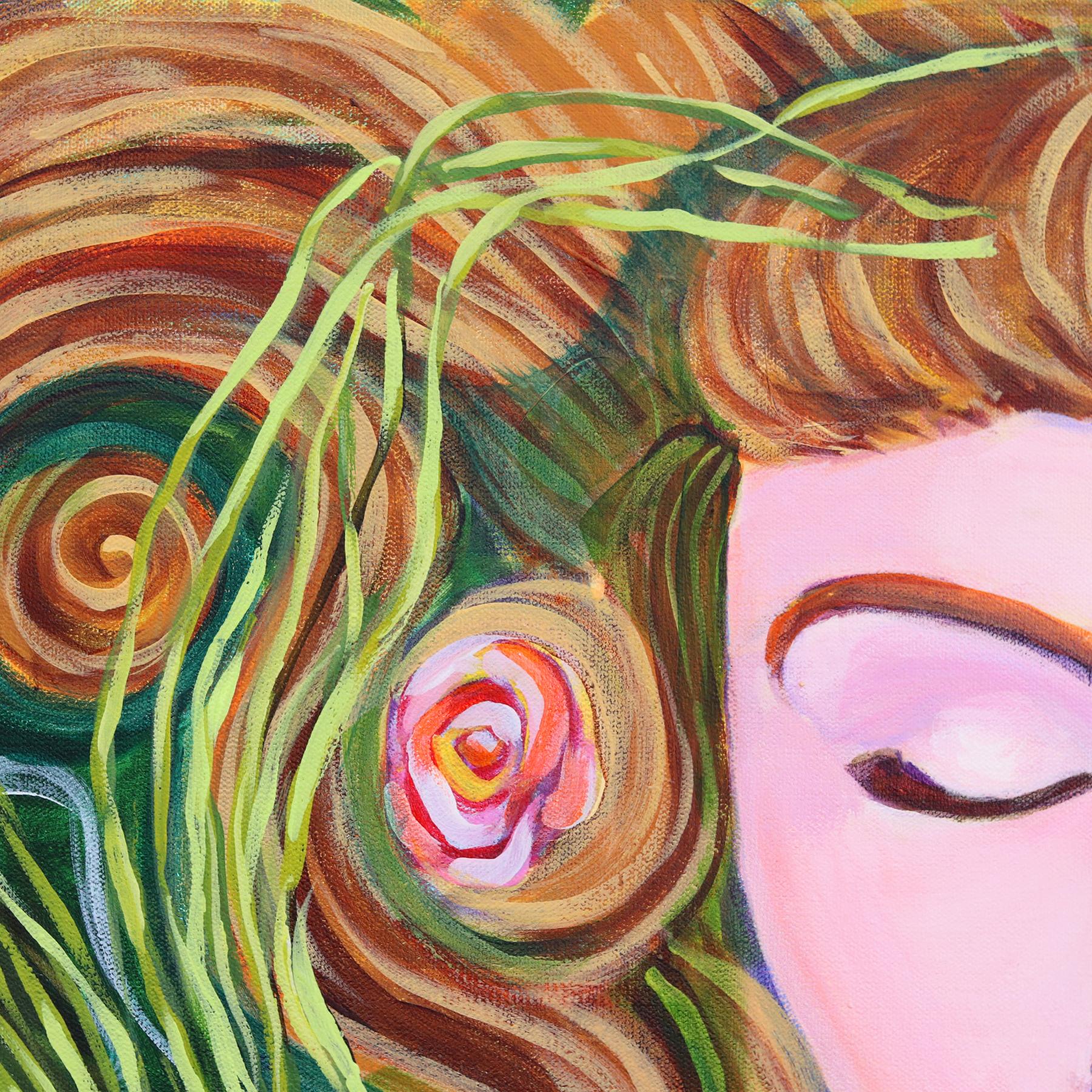 Ophelia - Original Erdgrünes, geblümtes, figuratives Frauenporträtgemälde auf Leinwand (Volkskunst), Painting, von Naomi Jones