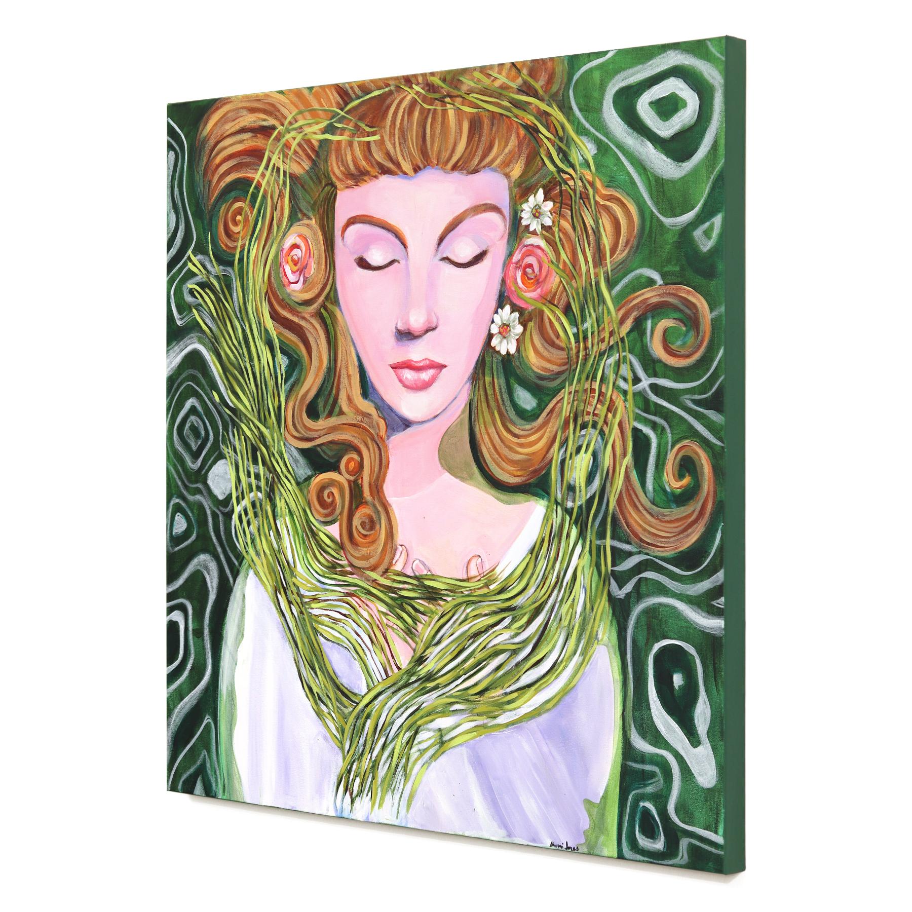 Ophelia - Original Erdgrünes, geblümtes, figuratives Frauenporträtgemälde auf Leinwand (Braun), Portrait Painting, von Naomi Jones