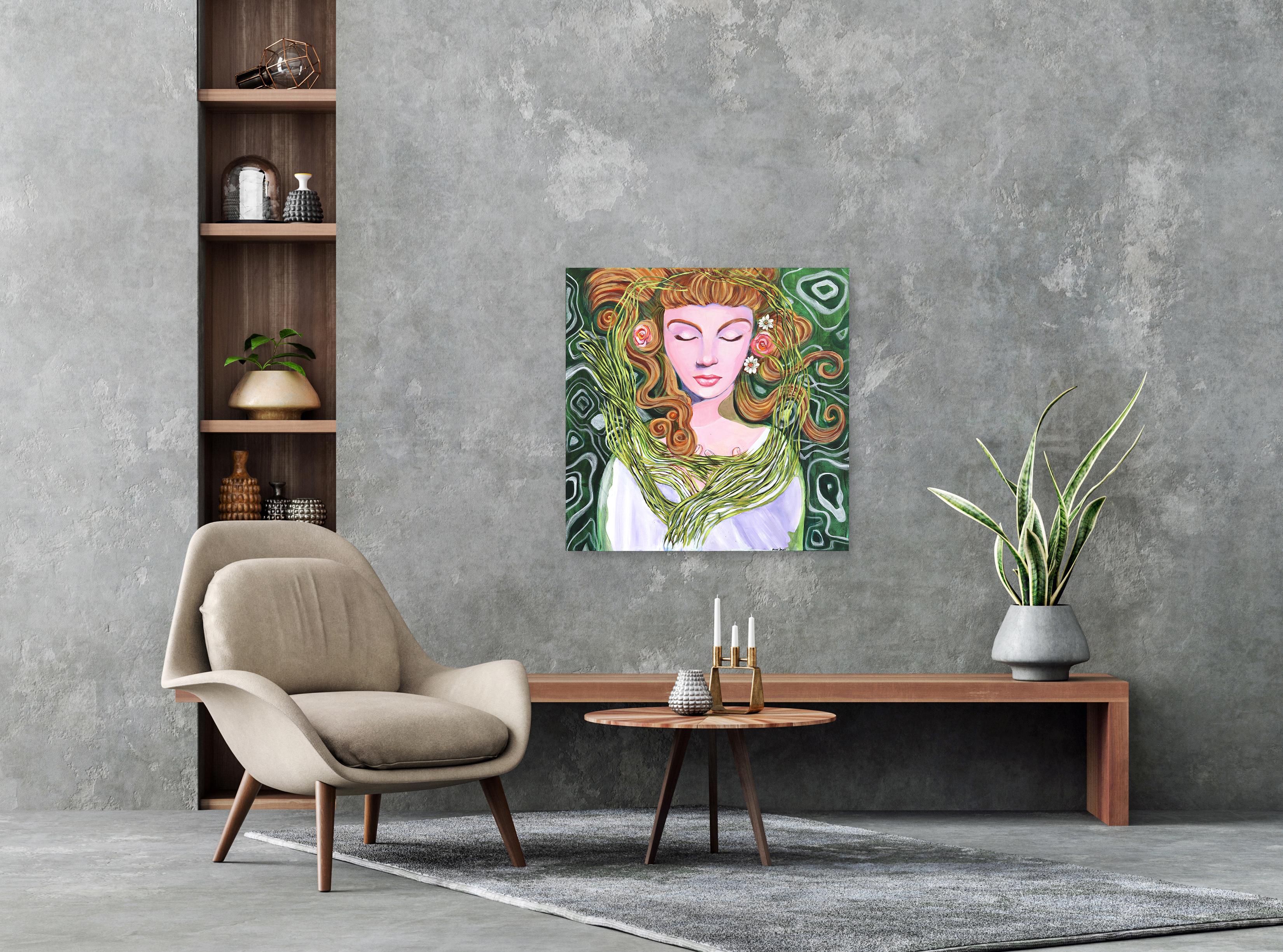 Ophelia - Original Erdgrünes, geblümtes, figuratives Frauenporträtgemälde auf Leinwand im Angebot 1