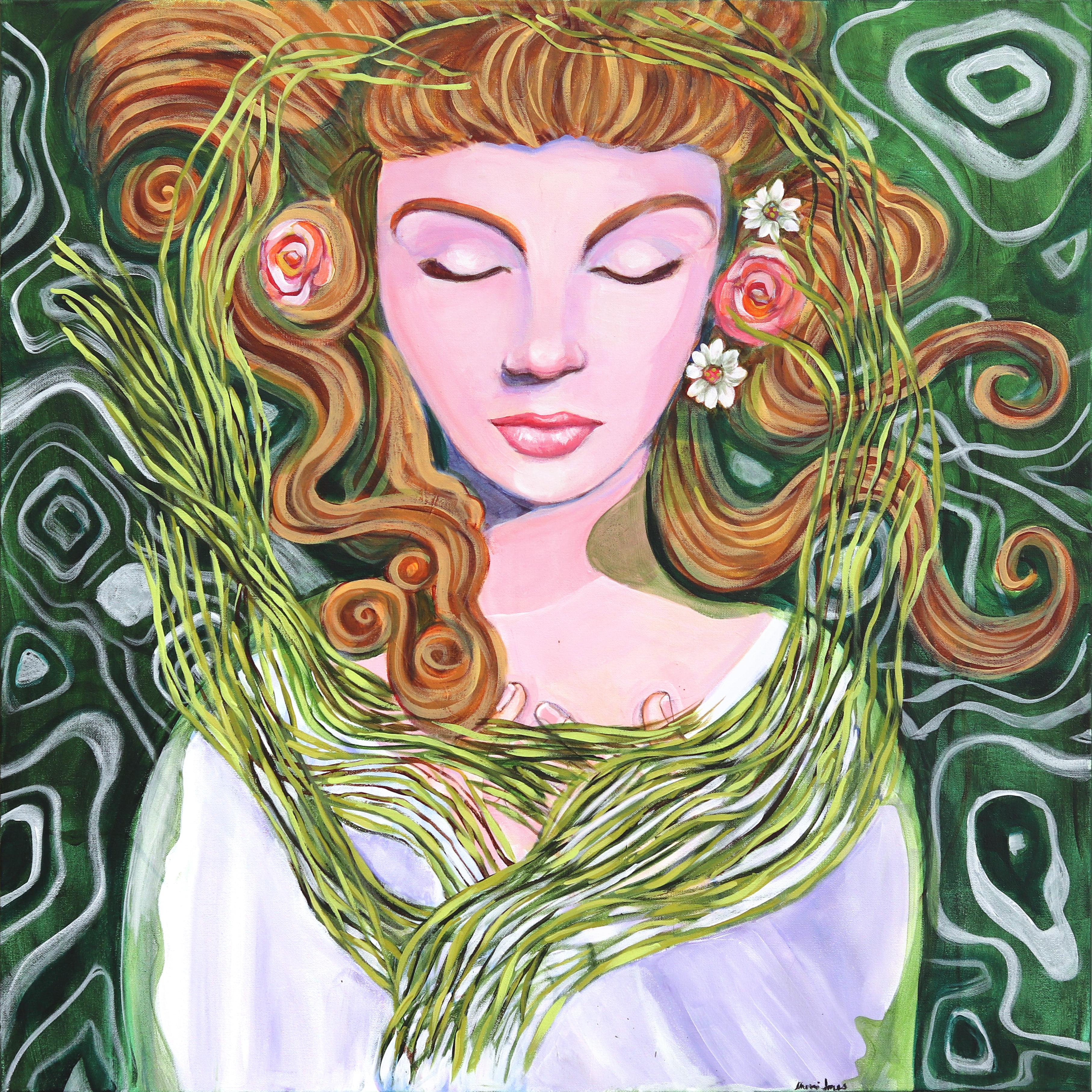 Naomi Jones Portrait Painting – Ophelia - Original Erdgrünes, geblümtes, figuratives Frauenporträtgemälde auf Leinwand