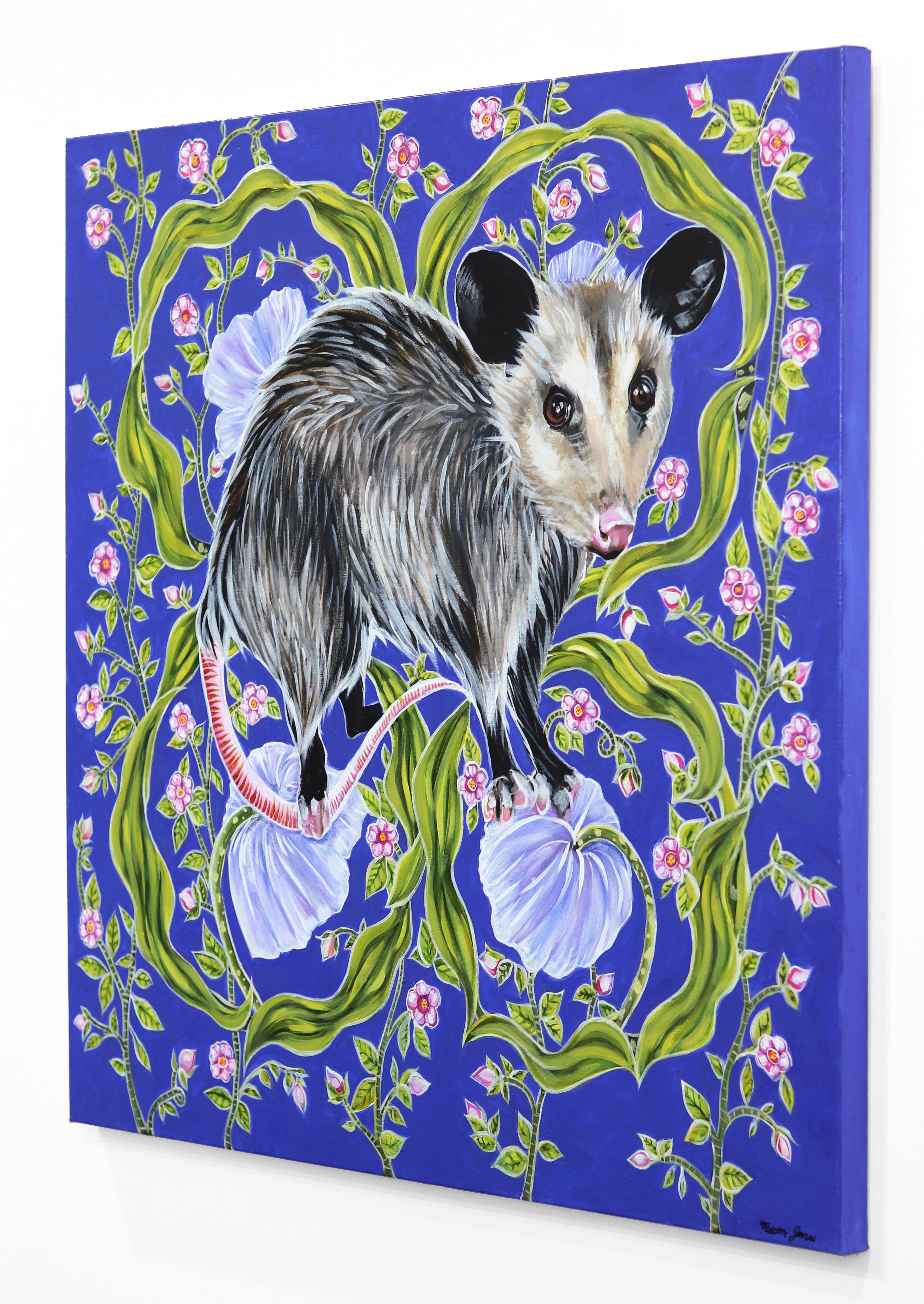 Possum on Blue - Original Vivid Figurative Animal Painting on Canvas For Sale 1