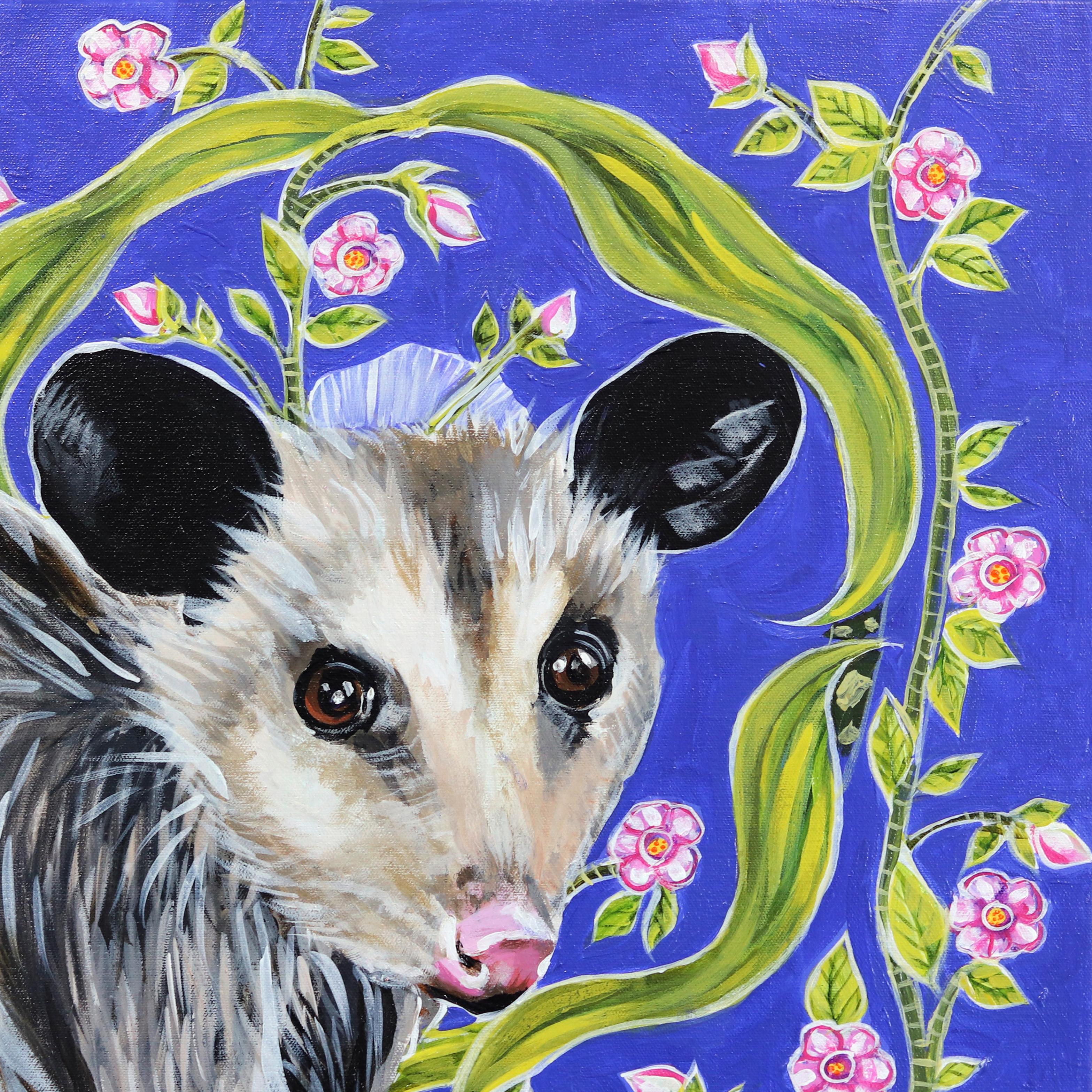 Opossum auf Blau - Original Vivid Figurative Tier Malerei auf Leinwand im Angebot 1