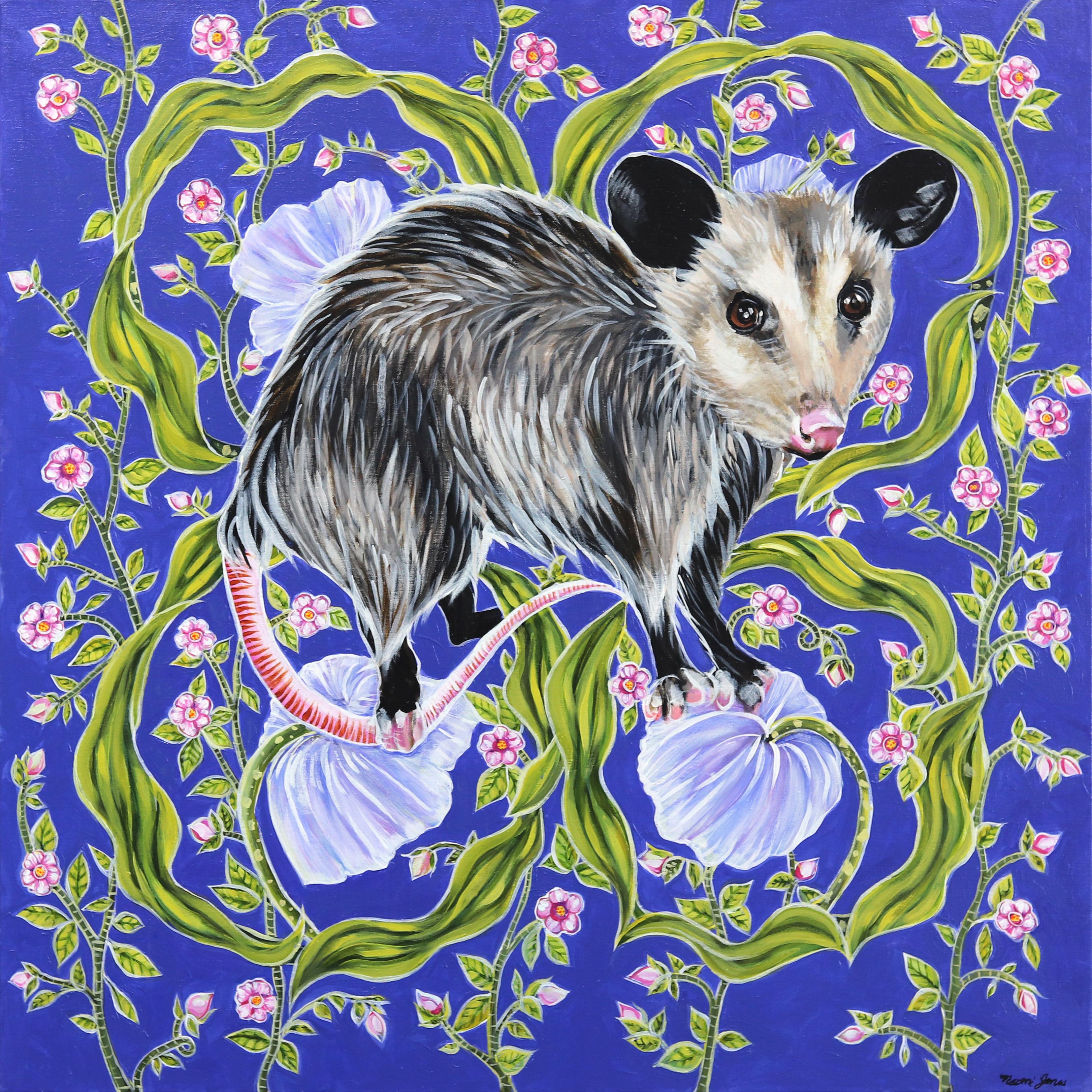 Naomi Jones Figurative Painting – Opossum auf Blau - Original Vivid Figurative Tier Malerei auf Leinwand