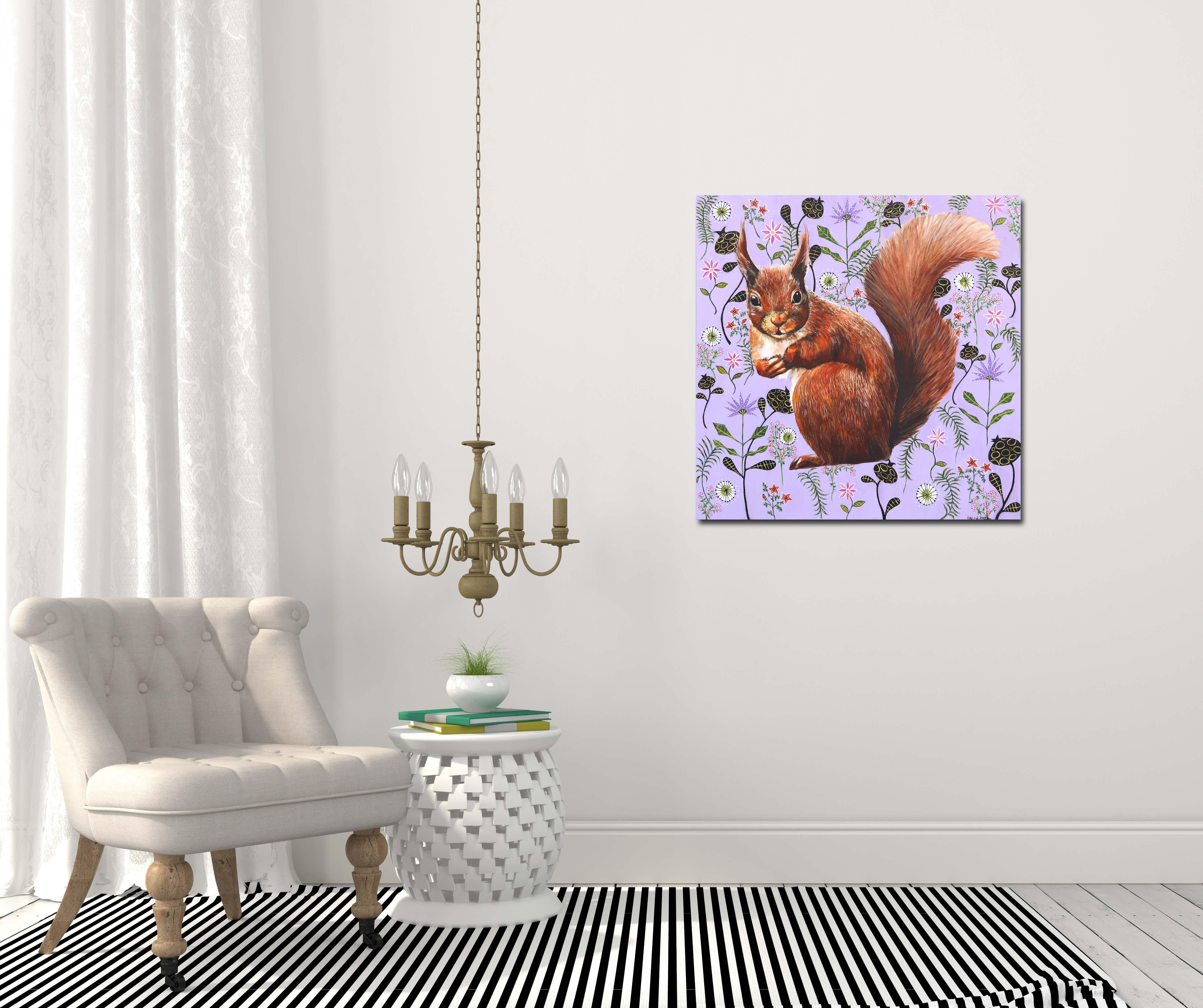 Ardilla roja sobre lavanda  - Pintura figurativa original de animales sobre lienzo - Painting de Naomi Jones