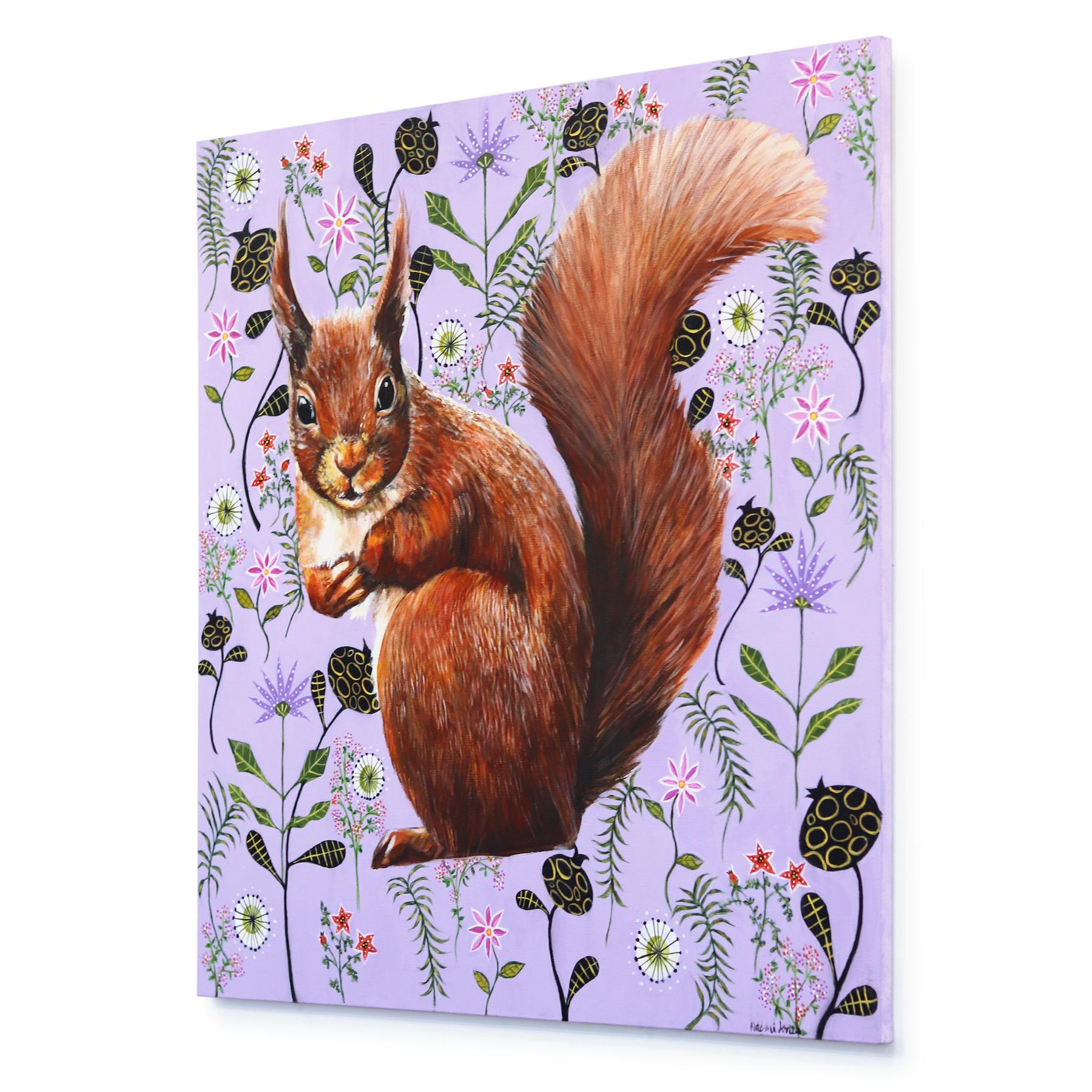 Red Squirrel on Lavender  - Original Vivid Figurative Animal Painting on Canvas For Sale 1
