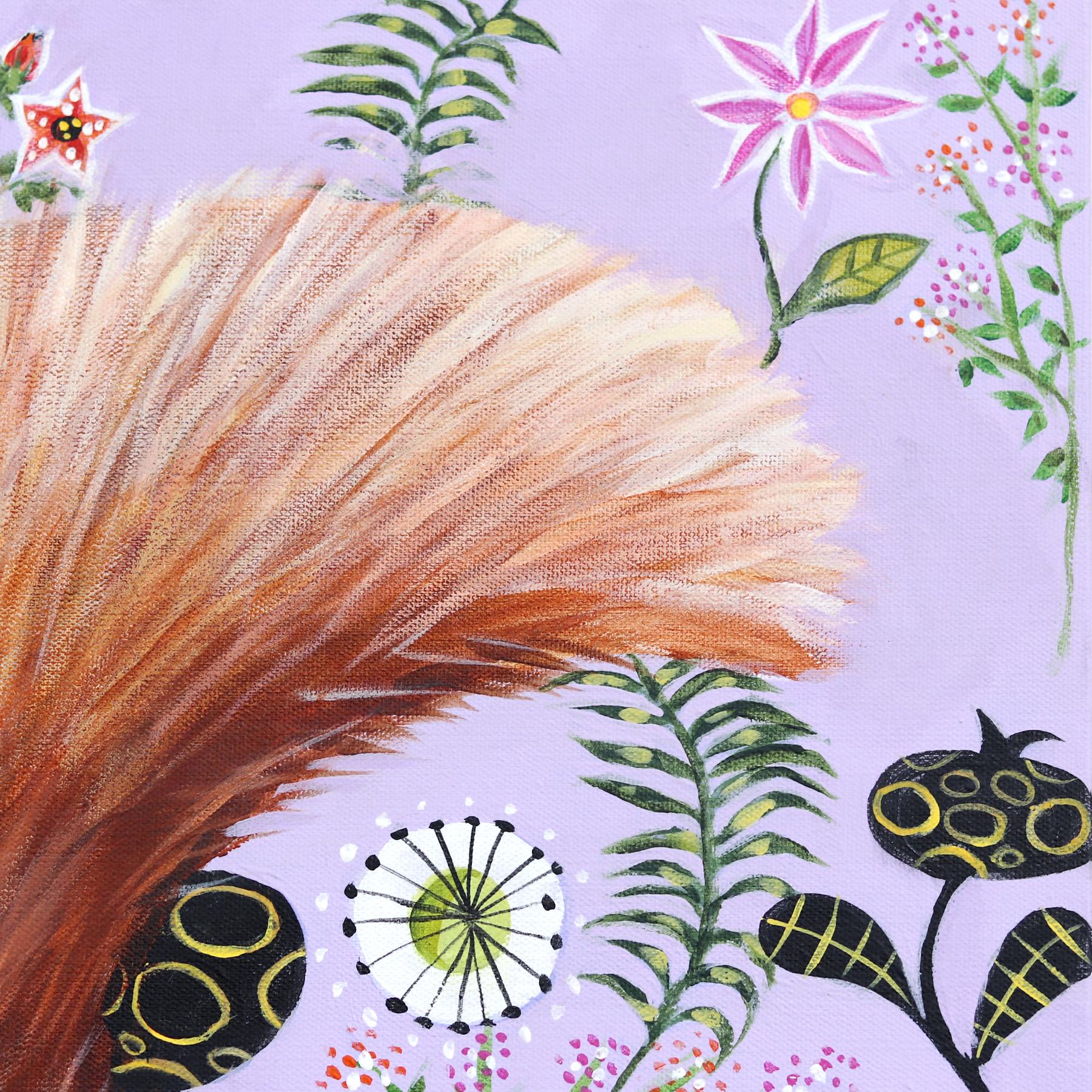 Ardilla roja sobre lavanda  - Pintura figurativa original de animales sobre lienzo - Animal Painting Púrpura de Naomi Jones