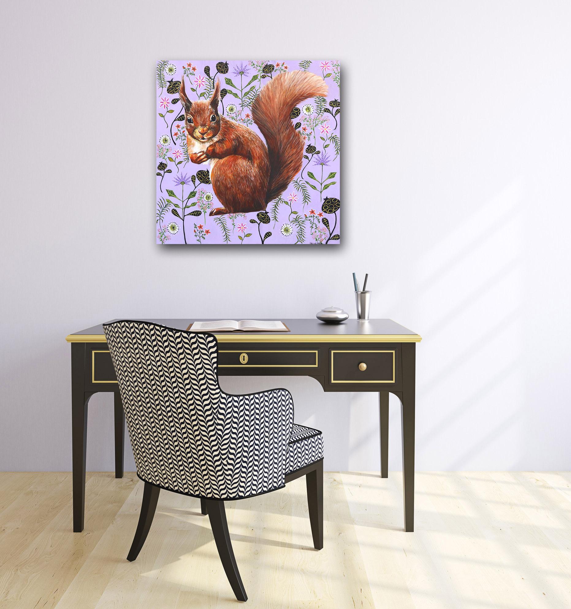 Red Squirrel on Lavender  - Original Vivid Figurative Animal Painting on Canvas For Sale 4