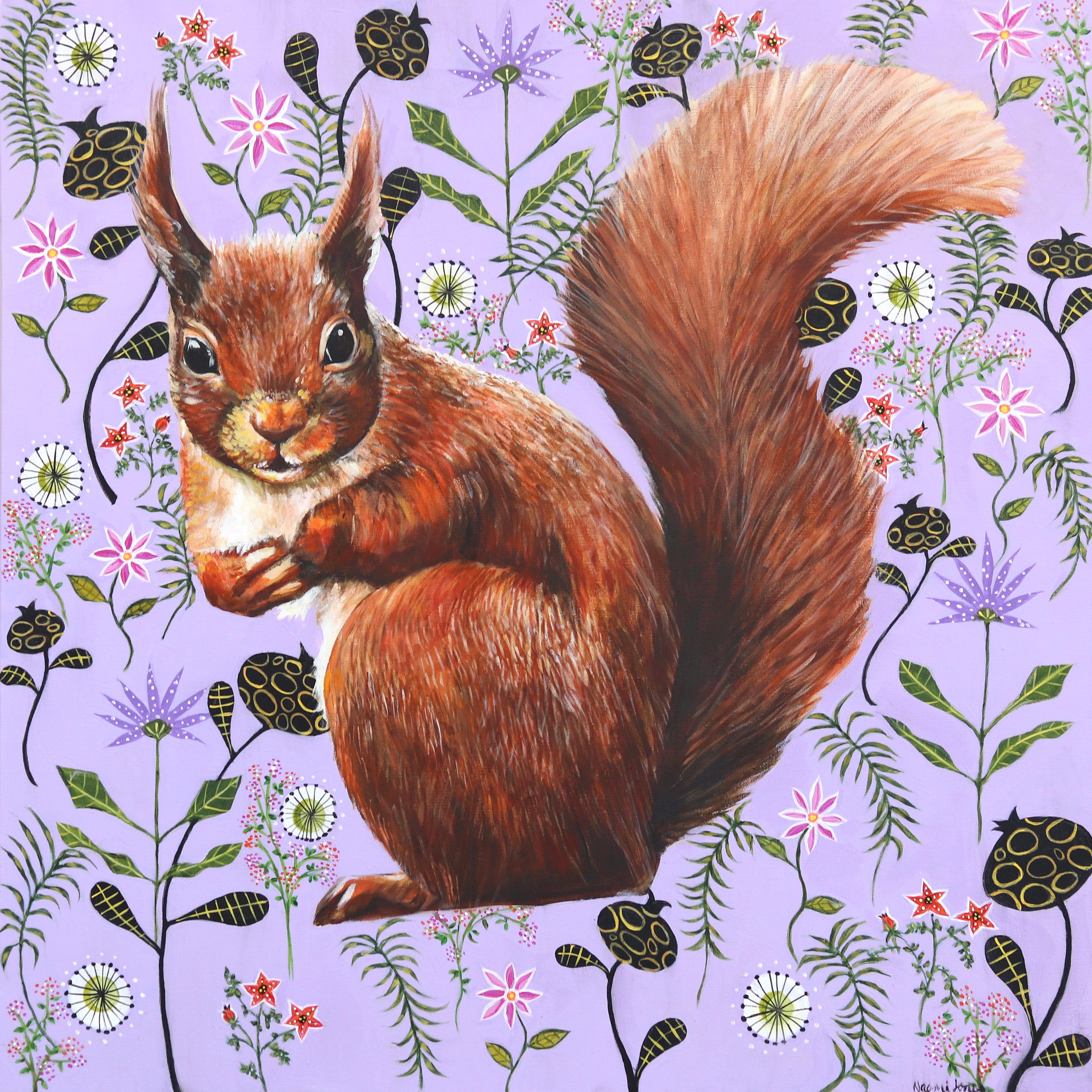Roter Eichhörnchen auf Lavendel  - Original Vivid Figurative Tier Malerei auf Leinwand