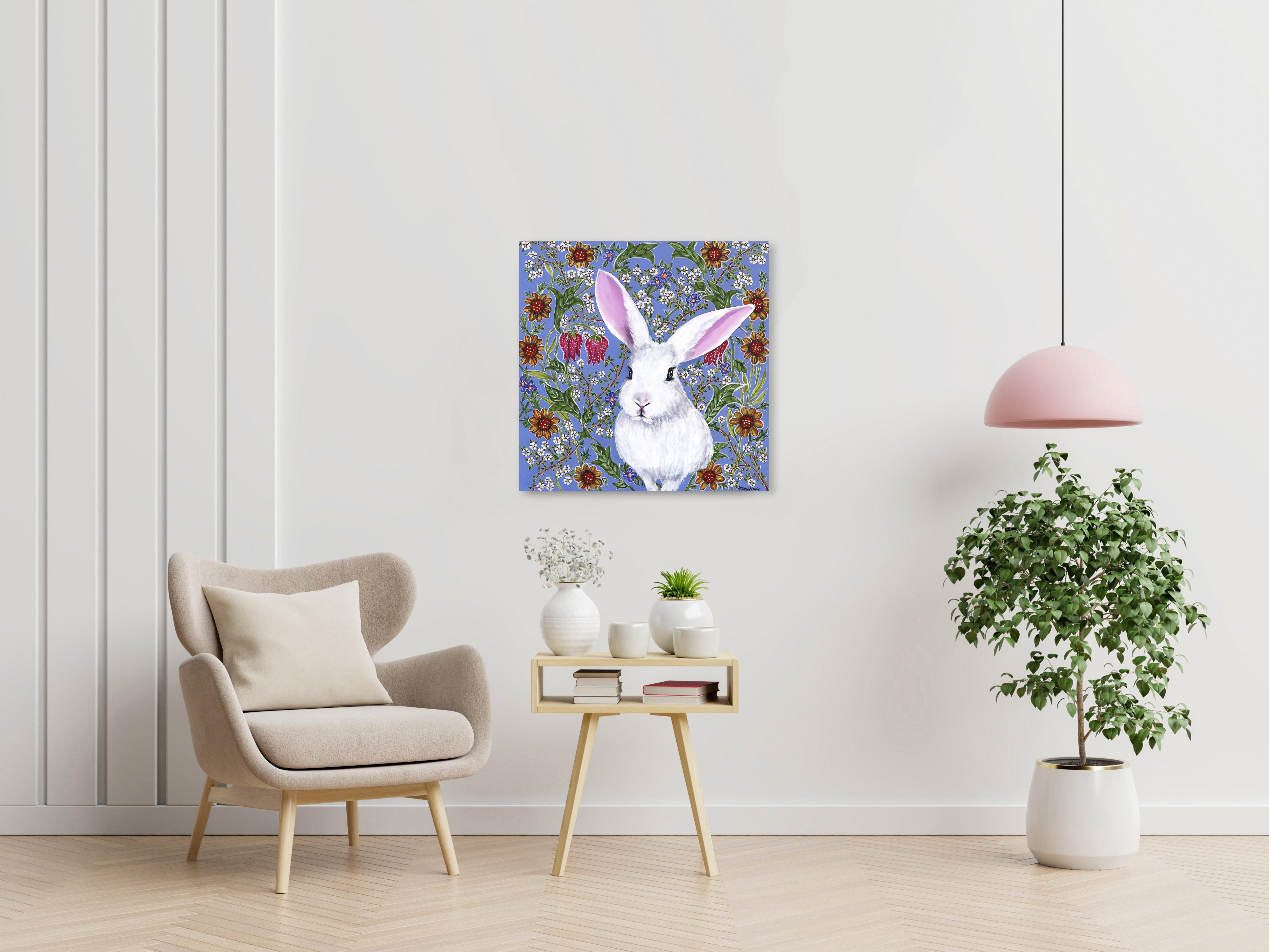 Süßer weißer Kaninchen  - Original Vivid Figurative Tier Malerei auf Leinwand – Painting von Naomi Jones